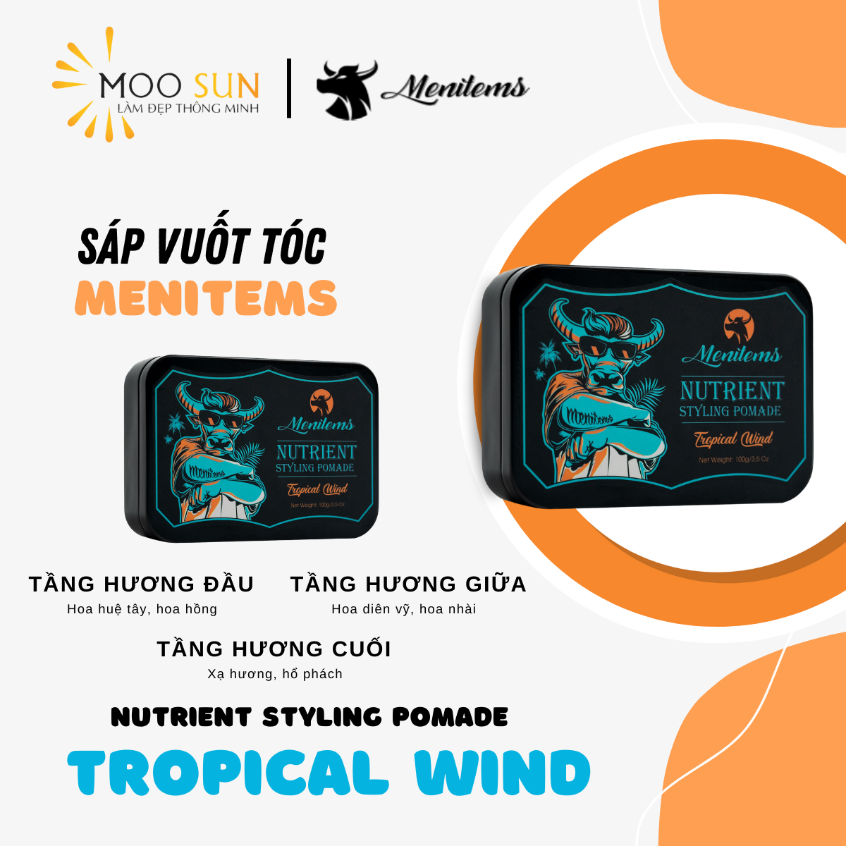 Mô tả Sáp vuốt tóc Menitems, sáp tóc pomade, giữ nếp, tạo kiểu tự nhiên cả ngày dài, nước hoa lưu hương lâu Tropical Wind - 2