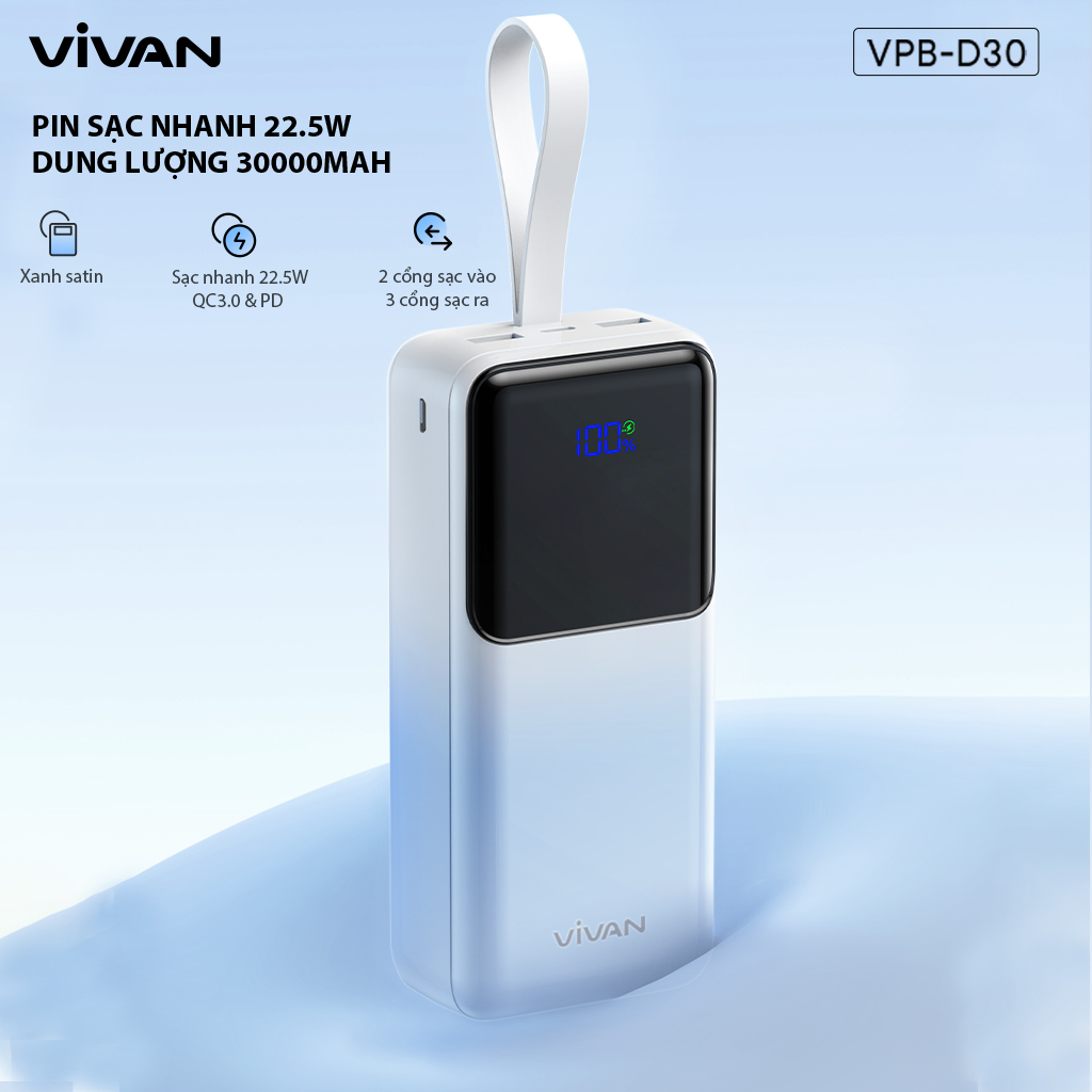 Mô tả Pin dự phòng sạc nhanh VIVAN VPB-D30 Xanh Trắng 30000mAh Hiển thị đèn LED PD+QC3.0 22.5W, 2 cổng sạc vào - 3 cổng sạc ra - 1