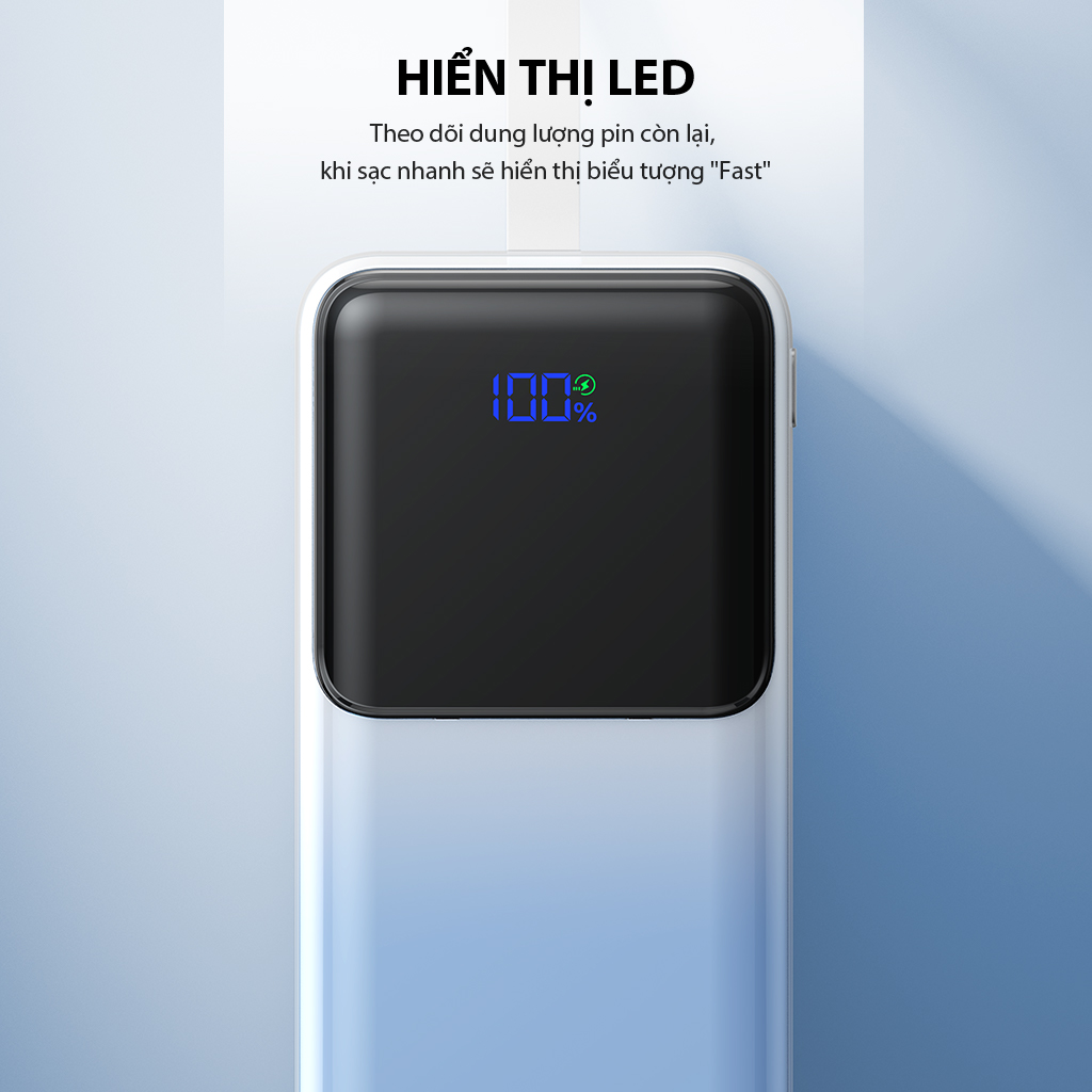 Mô tả Pin dự phòng sạc nhanh VIVAN VPB-D30 Xanh Trắng 30000mAh Hiển thị đèn LED PD+QC3.0 22.5W, 2 cổng sạc vào - 3 cổng sạc ra - 4