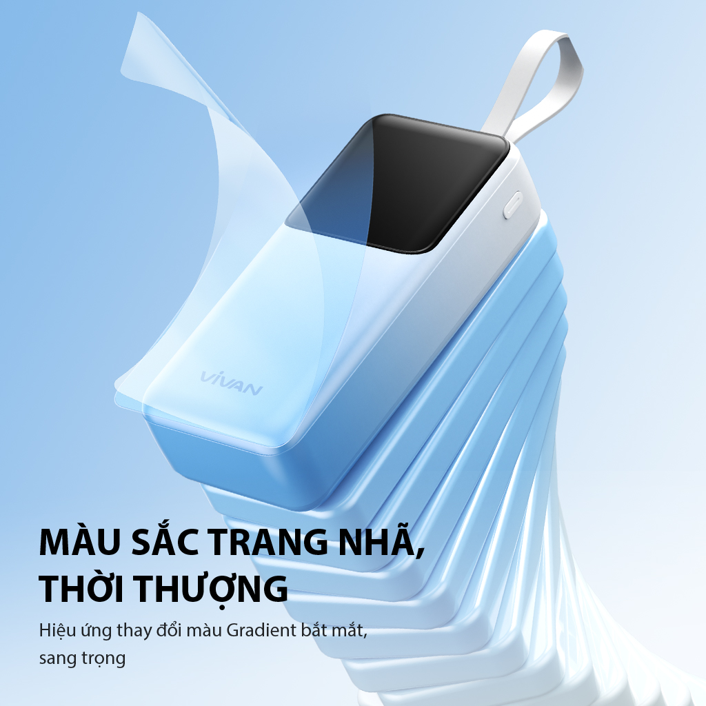 Mô tả Pin dự phòng sạc nhanh VIVAN VPB-D30 Xanh Trắng 30000mAh Hiển thị đèn LED PD+QC3.0 22.5W, 2 cổng sạc vào - 3 cổng sạc ra - 5