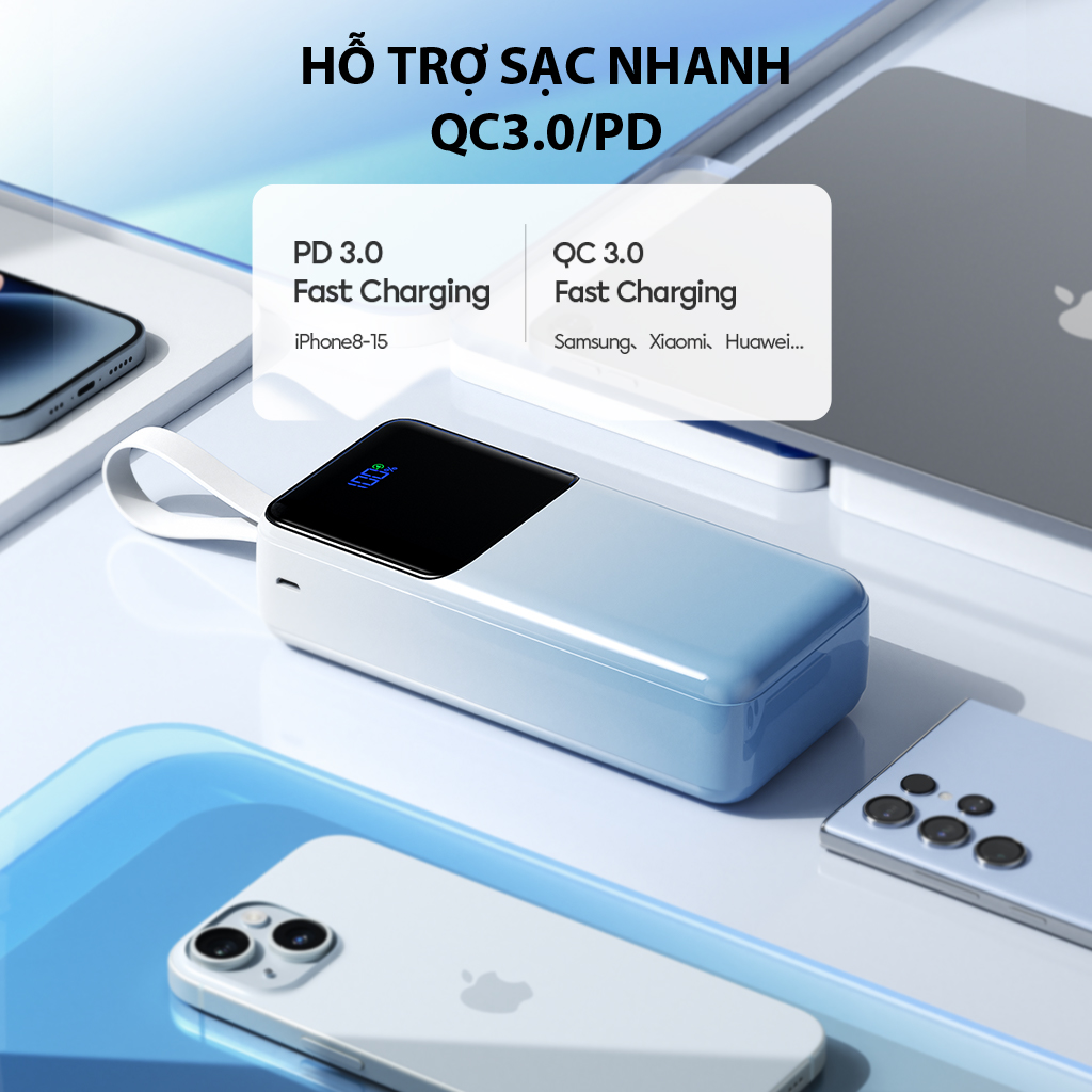 Mô tả Pin dự phòng sạc nhanh VIVAN VPB-D30 Xanh Trắng 30000mAh Hiển thị đèn LED PD+QC3.0 22.5W, 2 cổng sạc vào - 3 cổng sạc ra - 6