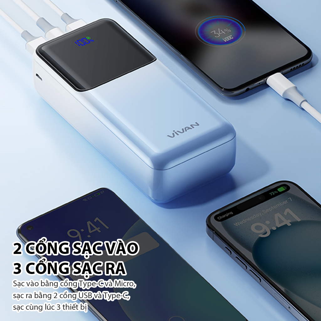 Mô tả Pin dự phòng sạc nhanh VIVAN VPB-D30 Xanh Trắng 30000mAh Hiển thị đèn LED PD+QC3.0 22.5W, 2 cổng sạc vào - 3 cổng sạc ra - 2