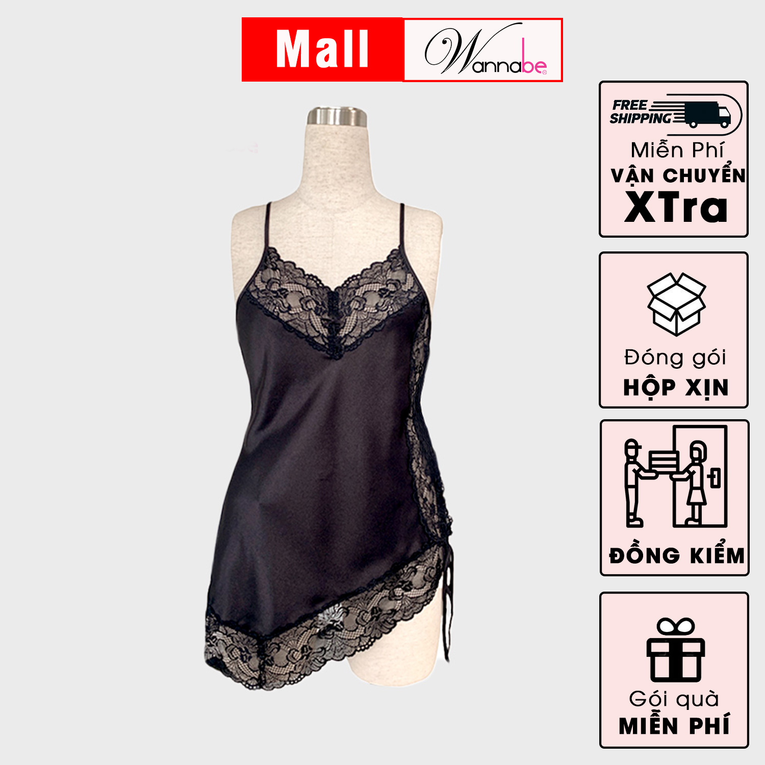 Mô tả Váy ngủ lụa phối ren Nhật WANNABE đầm ngủ lai ren xéo vạt ngắn quyến rũ gợi cảm DNS15 - 1