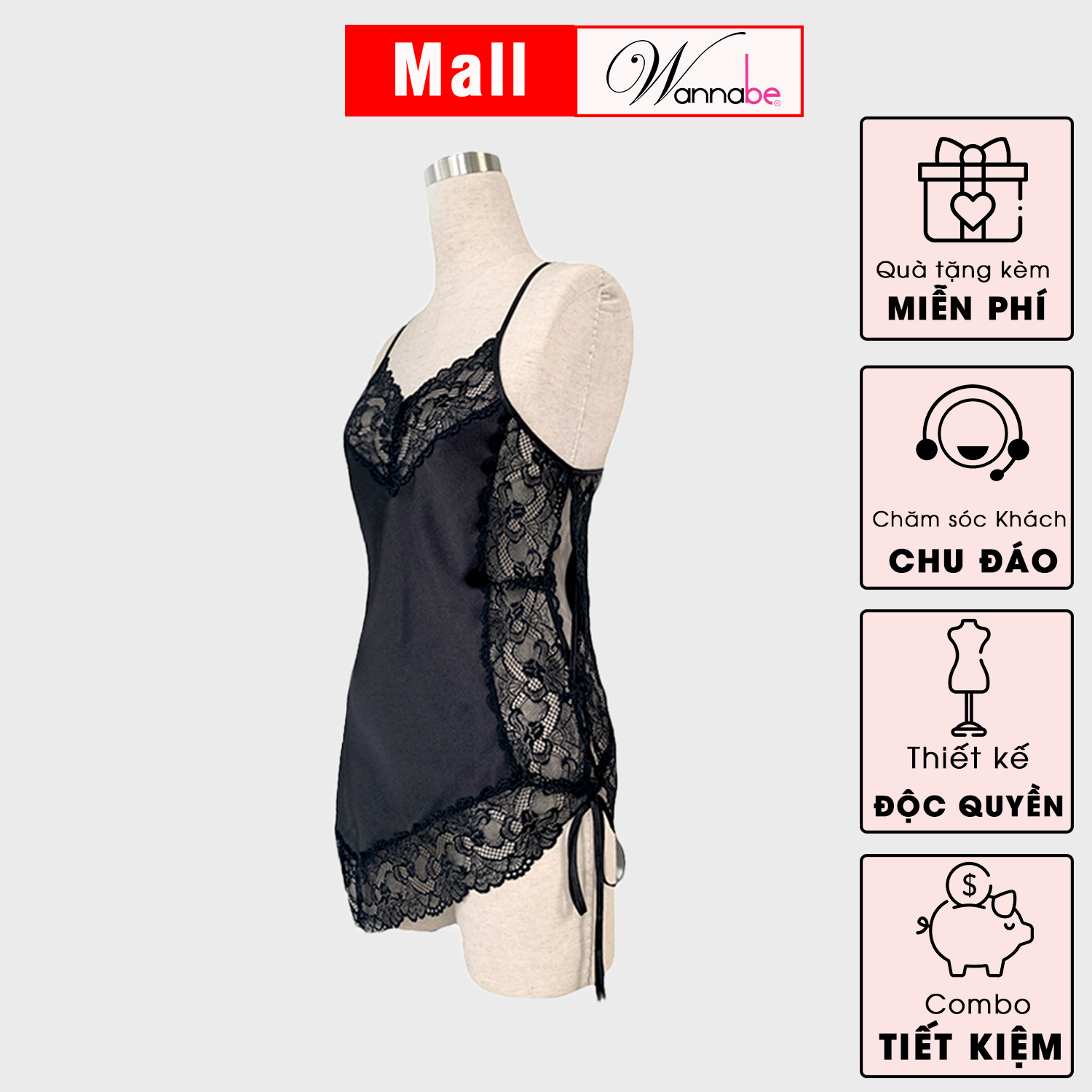 Mô tả Váy ngủ lụa phối ren Nhật WANNABE đầm ngủ lai ren xéo vạt ngắn quyến rũ gợi cảm DNS15 - 2