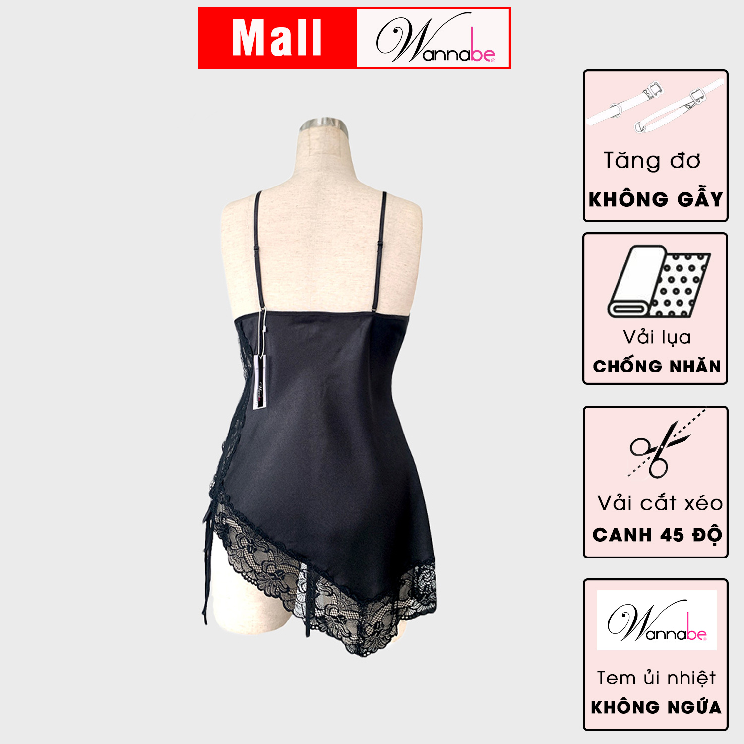 Mô tả Váy ngủ lụa phối ren Nhật WANNABE đầm ngủ lai ren xéo vạt ngắn quyến rũ gợi cảm DNS15 - 3