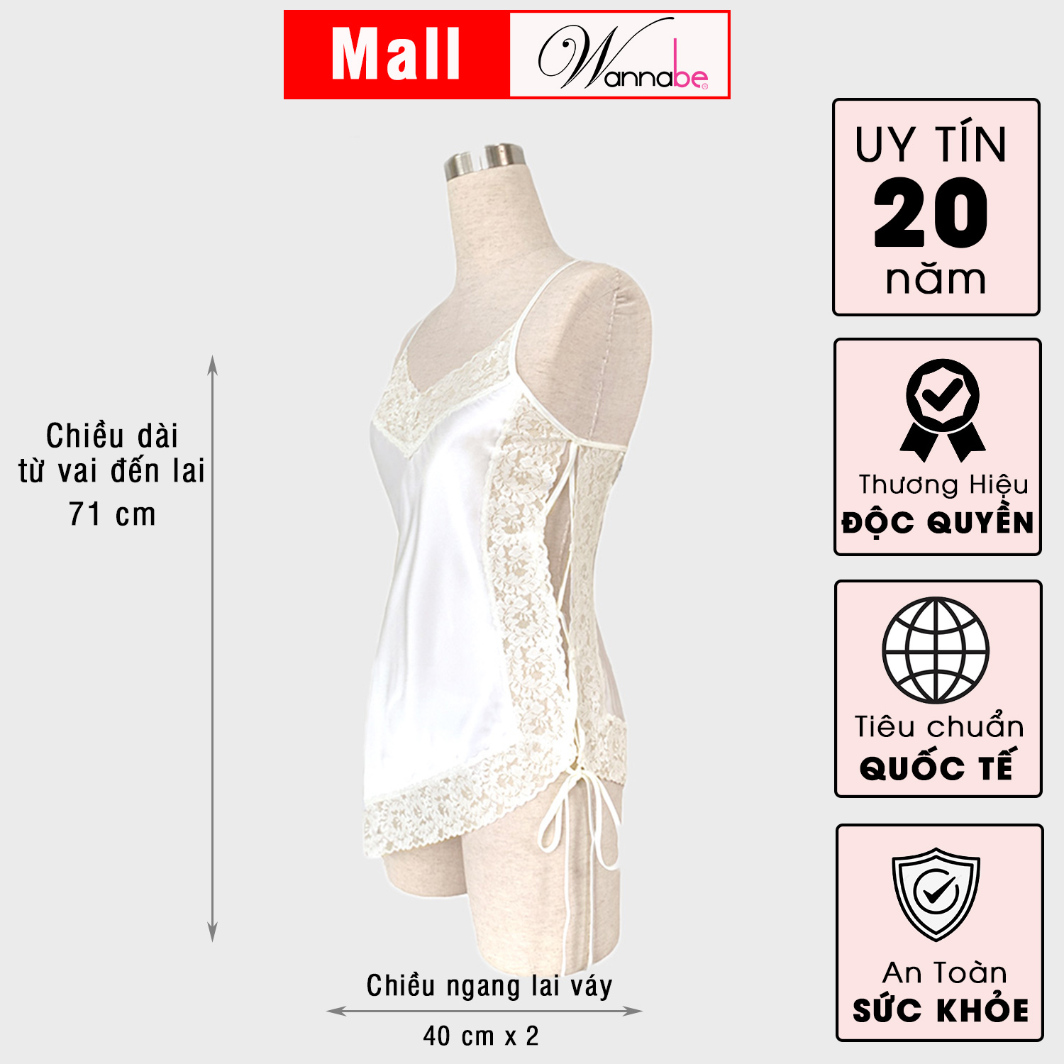 Mô tả Váy ngủ lụa phối ren Nhật WANNABE đầm ngủ lai ren xéo vạt ngắn quyến rũ gợi cảm DNS15 - 4