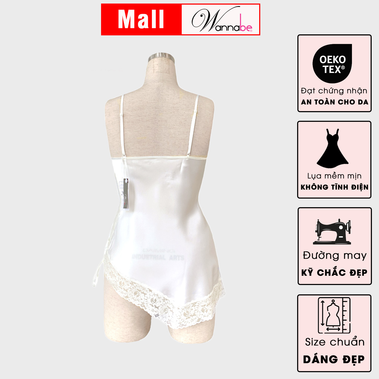 Mô tả Váy ngủ lụa phối ren Nhật WANNABE đầm ngủ lai ren xéo vạt ngắn quyến rũ gợi cảm DNS15 - 5
