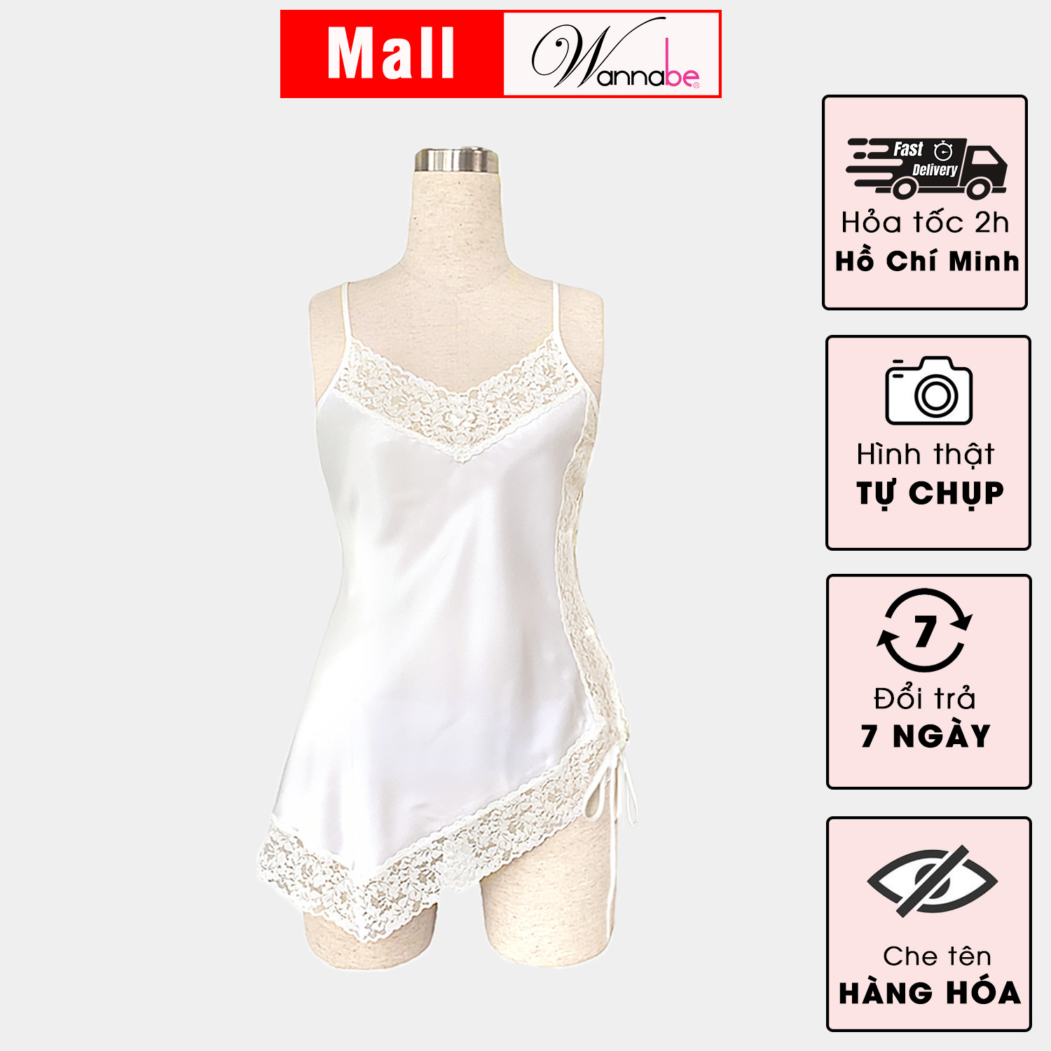 Mô tả Váy ngủ lụa phối ren Nhật WANNABE đầm ngủ lai ren xéo vạt ngắn quyến rũ gợi cảm DNS15 - 6