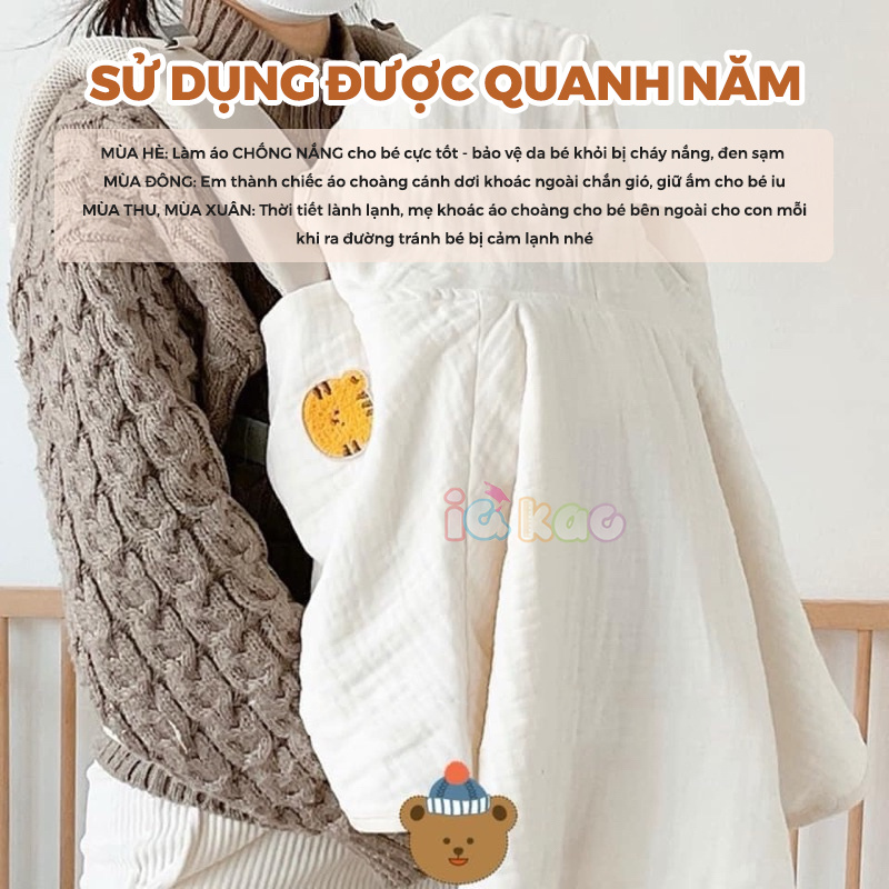 Mô tả Áo Choàng Chống Nắng Xô Muslin IQKAO Cho Bé 0-3 Tuổi Kèm Kính Chống Bụi, Thoáng Mát, Đa Năng 4 Mùa (3-14kg) - 2