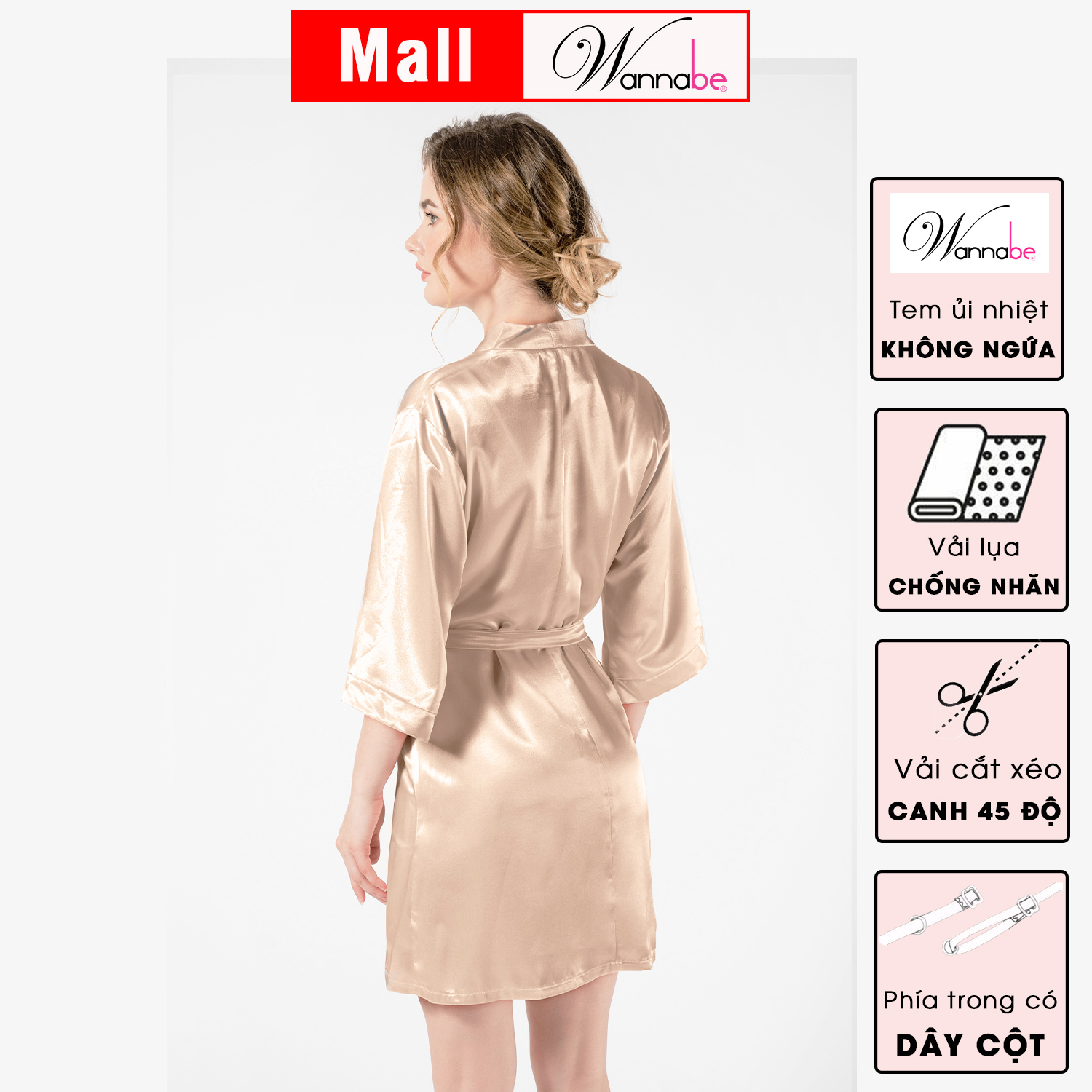 Mô tả Áo choàng ngủ lụa WANNABE áo khoác ngủ lụa kimono dạng cơ bản trơn đơn giản dễ mặc sang trọng KI010 - 7