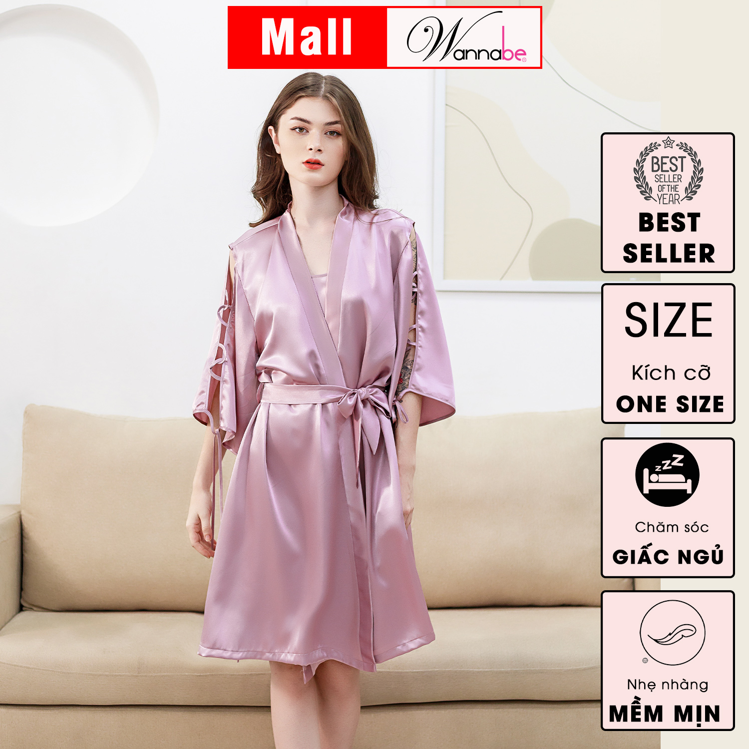 Thiết kế cánh tay đan khoen cột nơ của áo choàng ngủ KIS33