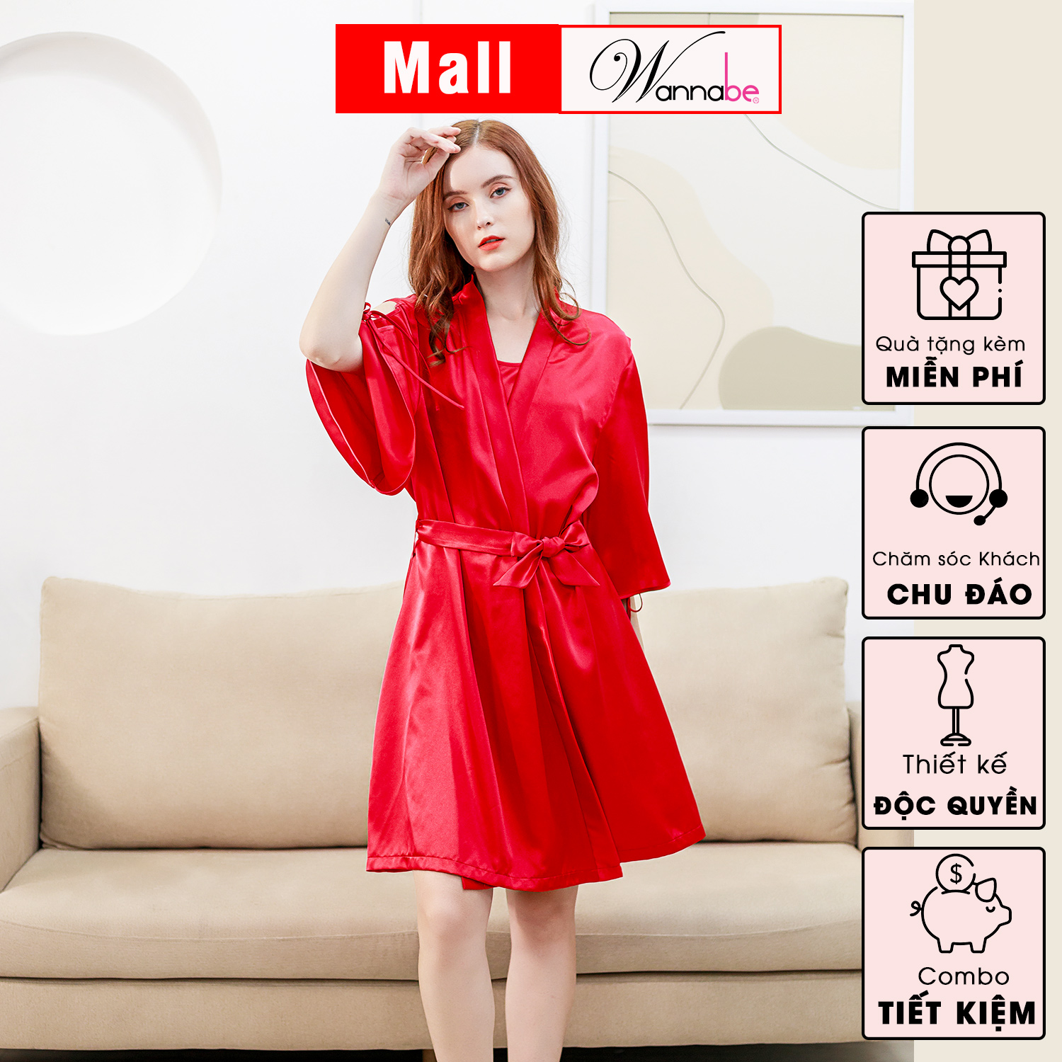 Mô tả Áo choàng ngủ WANNABE áo khoác ngủ kimono lụa xẻ sườn cánh tay đan khoen xxx cột nơ xinh xắn KIS33 - 4