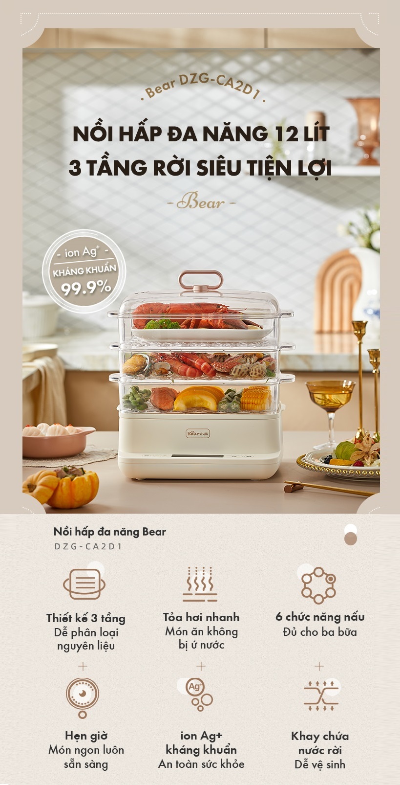 Mô tả Nồi hấp đa năng 12 Lít Bear DZG-CA2D1 - Hàng Chính Hãng - 1