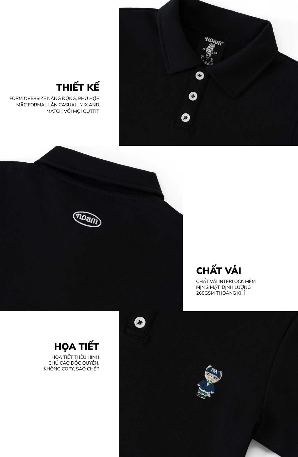 Mô tả Áo Polo Form rộng NOAM Teeny Homies Cotton 100% mềm mịn vượt trội - Màu đen/ trắng - 2
