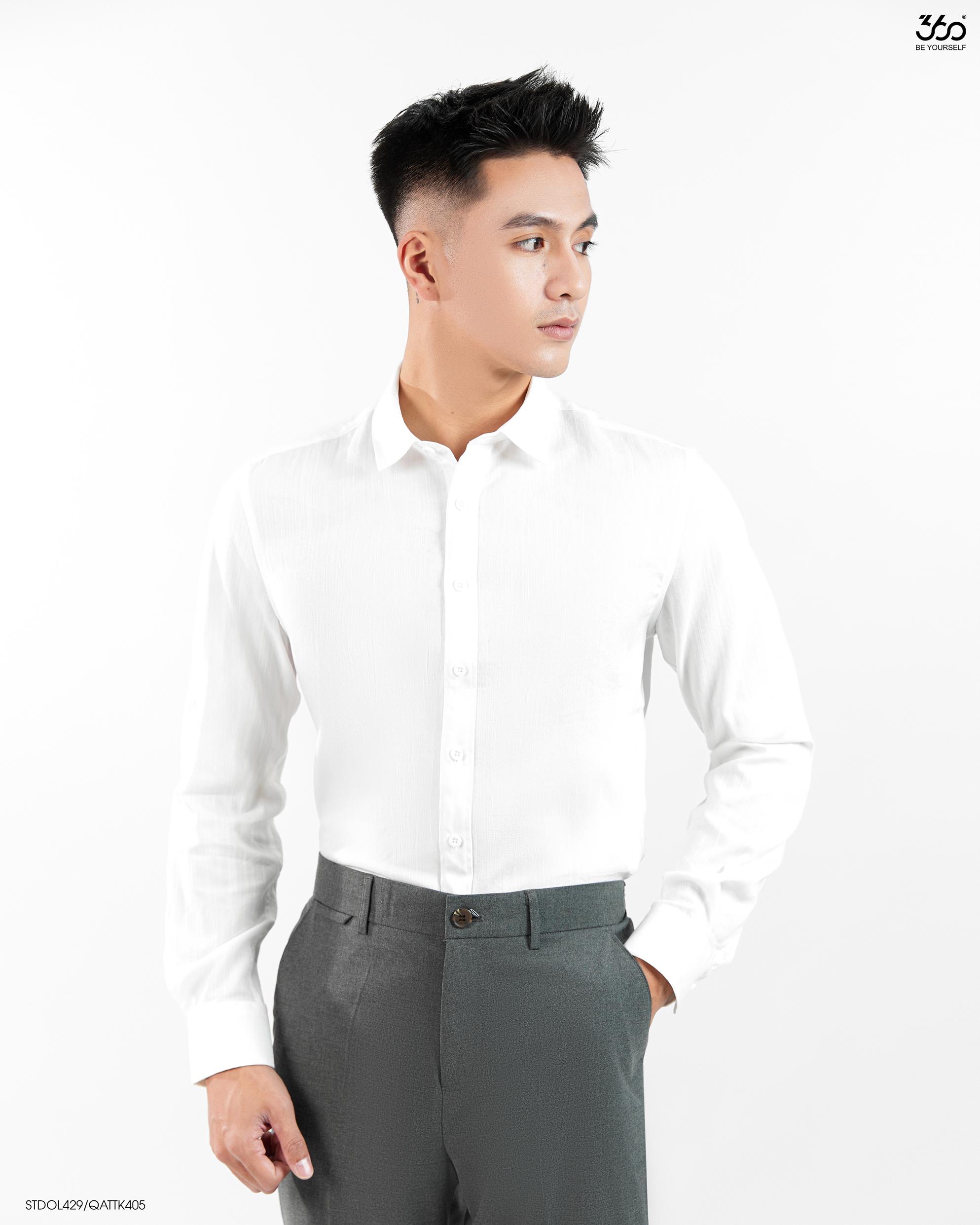 Mô tả Áo sơ mi nam dài tay cổ bẻ đũi xước tặng 1 đôi tất 360 Boutique áo công sở đi học đi làm màu trắng đen trơn - STDOL429 - 2