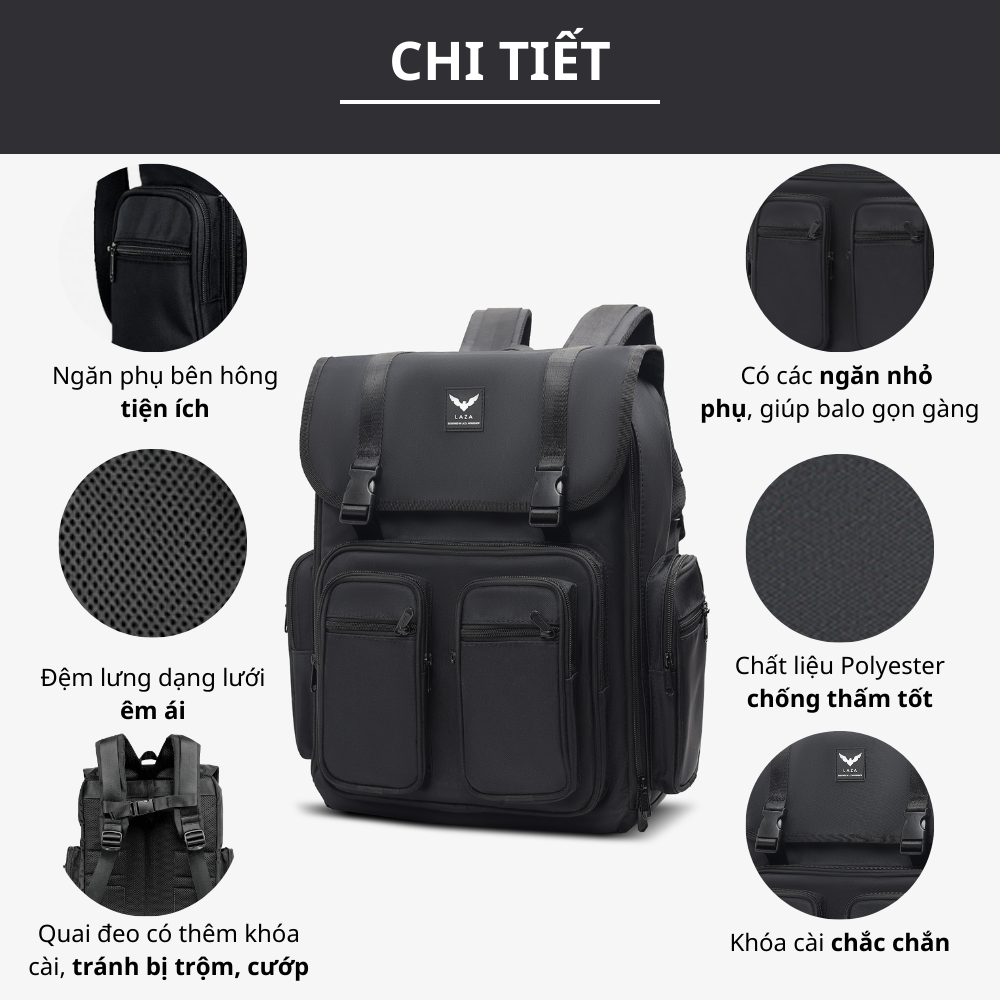 Mô tả Balo LAZA Simple Backpack 500 - Hàng thiết kế cao cấp trượt nước - Bảo hành trọn đời - 3