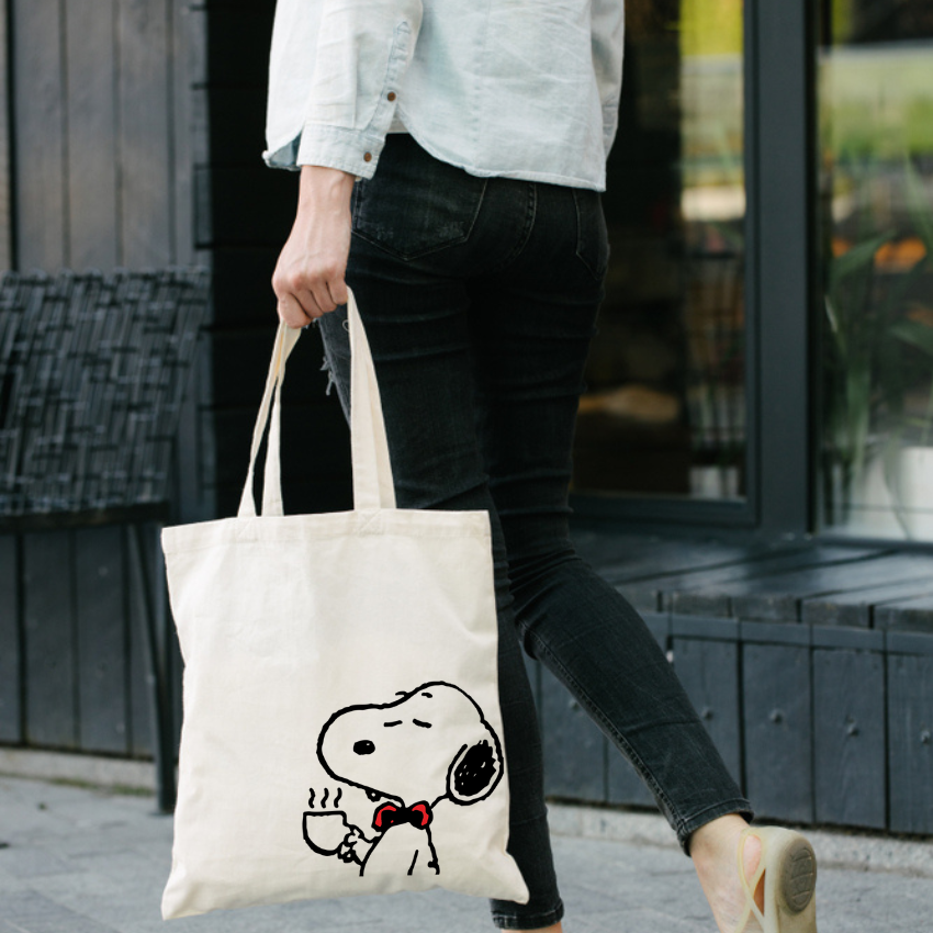 Mô tả Túi tote vải mộc GINKO có dây kéo khóa miệng túi ( túi con ) in hình Snoopy and Friends M102 - 5