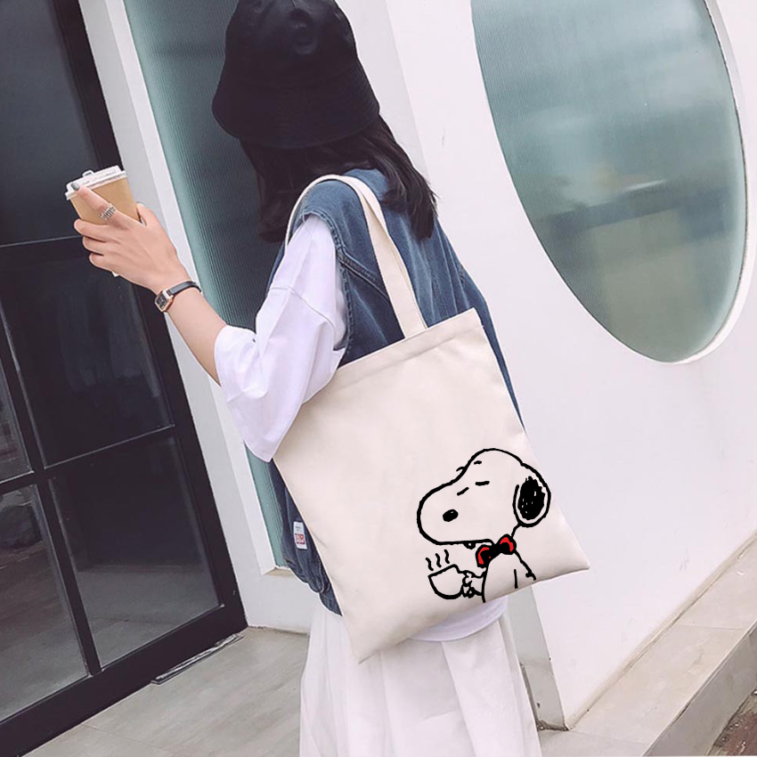Mô tả Túi tote vải mộc GINKO có dây kéo khóa miệng túi ( túi con ) in hình Snoopy and Friends M102 - 6