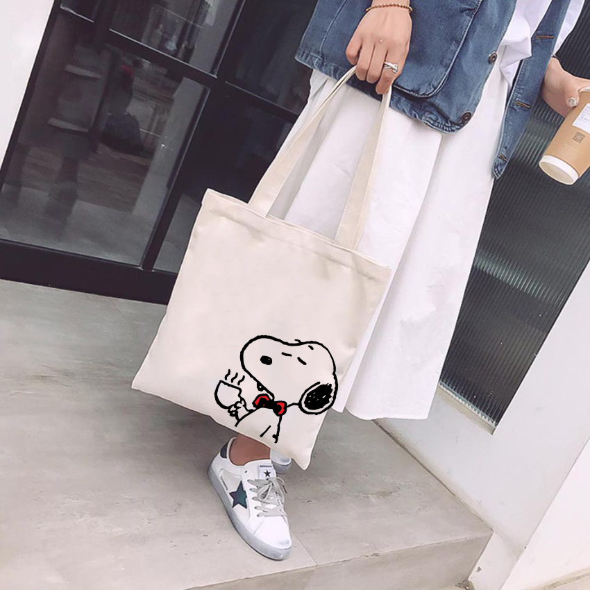 Mô tả Túi tote vải mộc GINKO có dây kéo khóa miệng túi ( túi con ) in hình Snoopy and Friends M102 - 7