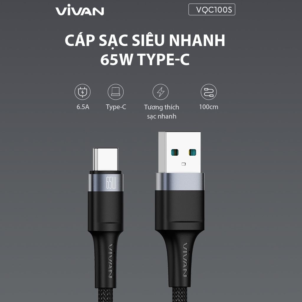 Mô tả Cáp sạc siêu nhanh VIVAN VQC100S ĐEN Type-C, Công Suất 65W - Phiên Bản Nâng Cấp - HÀNG CHÍNH HÃNG - 1