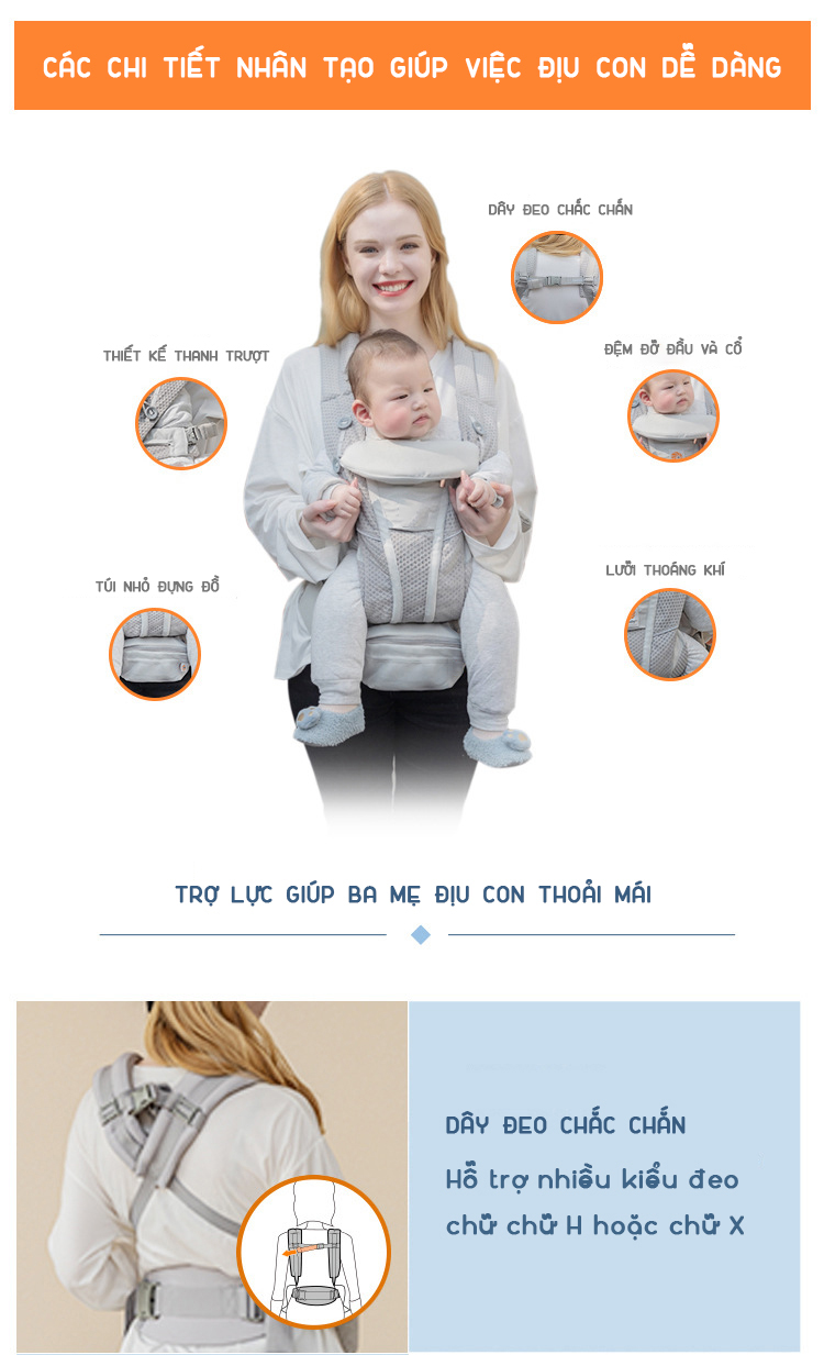 Mô tả Địu em bé Kidsworld Omni Breeze/KNM/360 Cool Air Mesh trợ lực 4 tư thế vải thoáng khí có đỡ cổ mũ trùm cho bé sơ sinh - 1