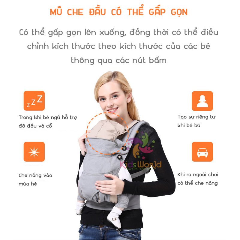 Mô tả Địu em bé Kidsworld Omni Breeze/KNM/360 Cool Air Mesh trợ lực 4 tư thế vải thoáng khí có đỡ cổ mũ trùm cho bé sơ sinh - 3