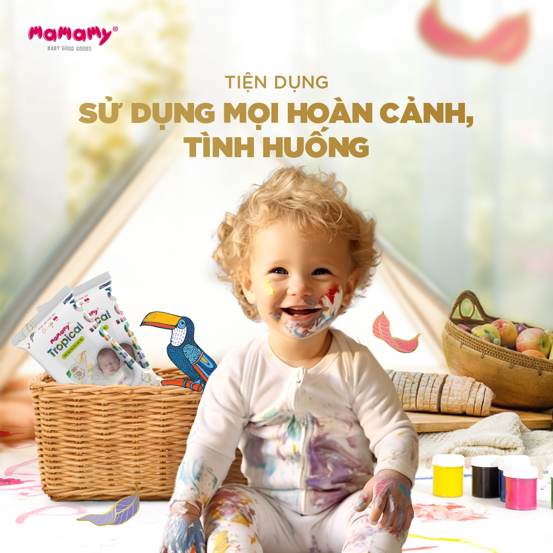 Mô tả -Khăn ướt cao cấp cho bé Mamamy Tropical 10 gói mini 10 tờ 100% sợi tự nhiên và rayon ngừa hăm, mềm dai sạch cực - 2