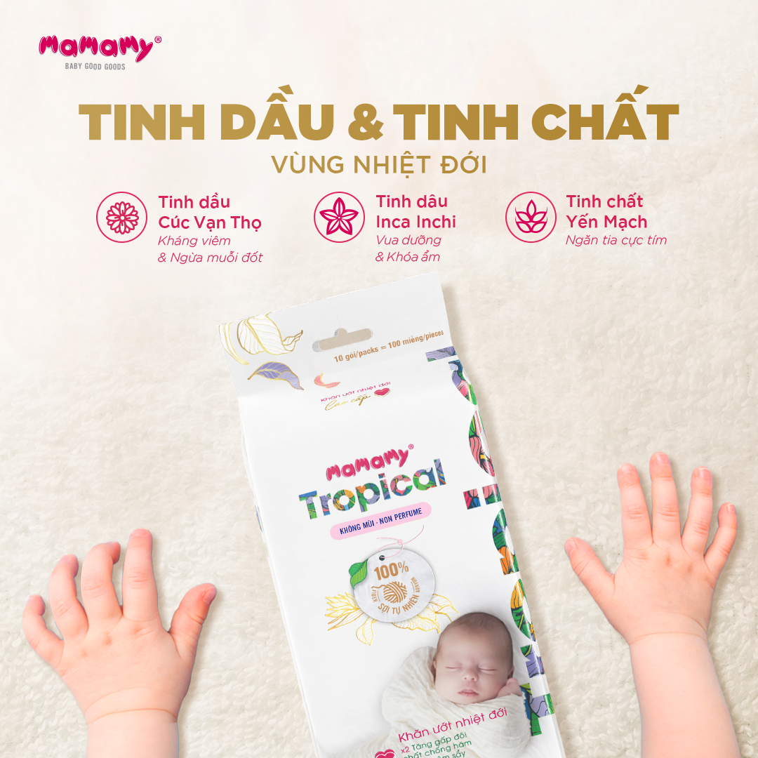 Mô tả -Khăn ướt cao cấp cho bé Mamamy Tropical 10 gói mini 10 tờ 100% sợi tự nhiên và rayon ngừa hăm, mềm dai sạch cực - 4