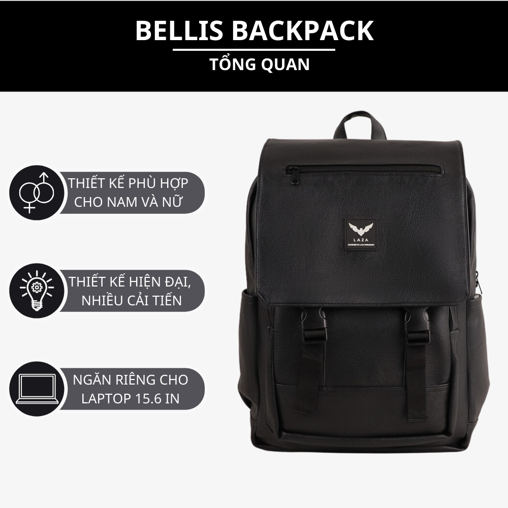 Mô tả Balo laptop da nam nữ thời trang LAZA Bellis Backpack 515 - Chất liệu da PU trượt nước nhập khẩu - 1