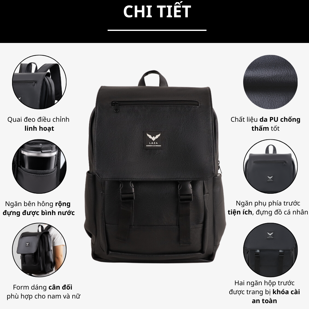 Mô tả Balo laptop da nam nữ thời trang LAZA Bellis Backpack 515 - Chất liệu da PU trượt nước nhập khẩu - 3