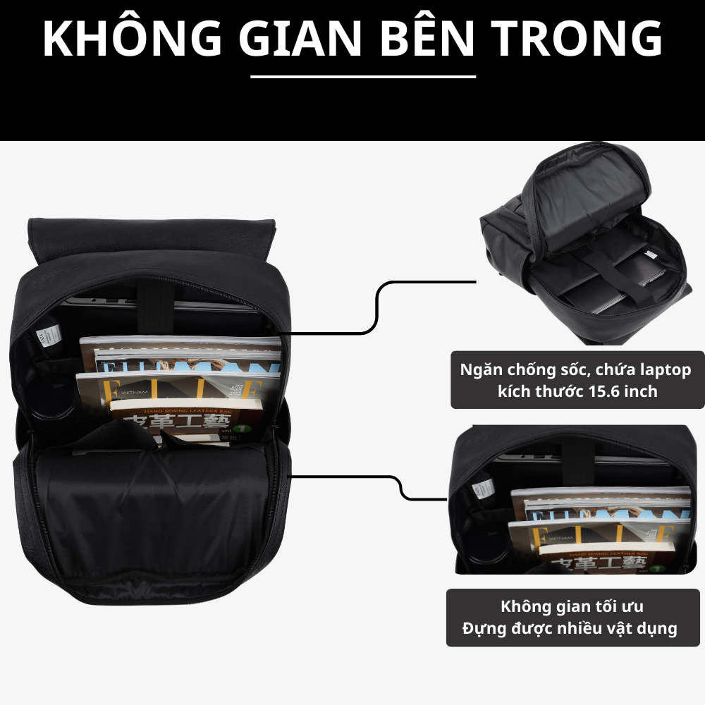 Mô tả Balo laptop da nam nữ thời trang LAZA Bellis Backpack 515 - Chất liệu da PU trượt nước nhập khẩu - 4