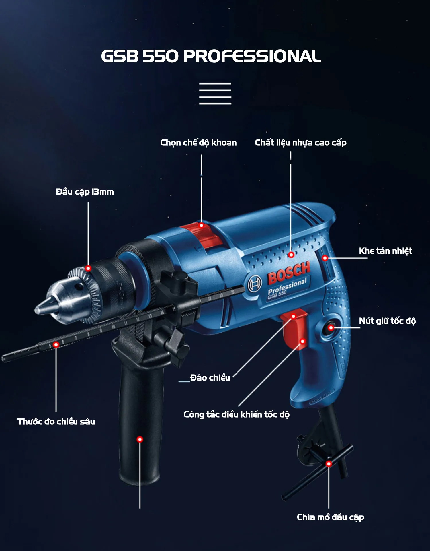 Mô tả Bộ máy khoan động lực Bosch GSB 550 SET 100 món 550W GWS 600 600W bảo hành 12 tháng - 5