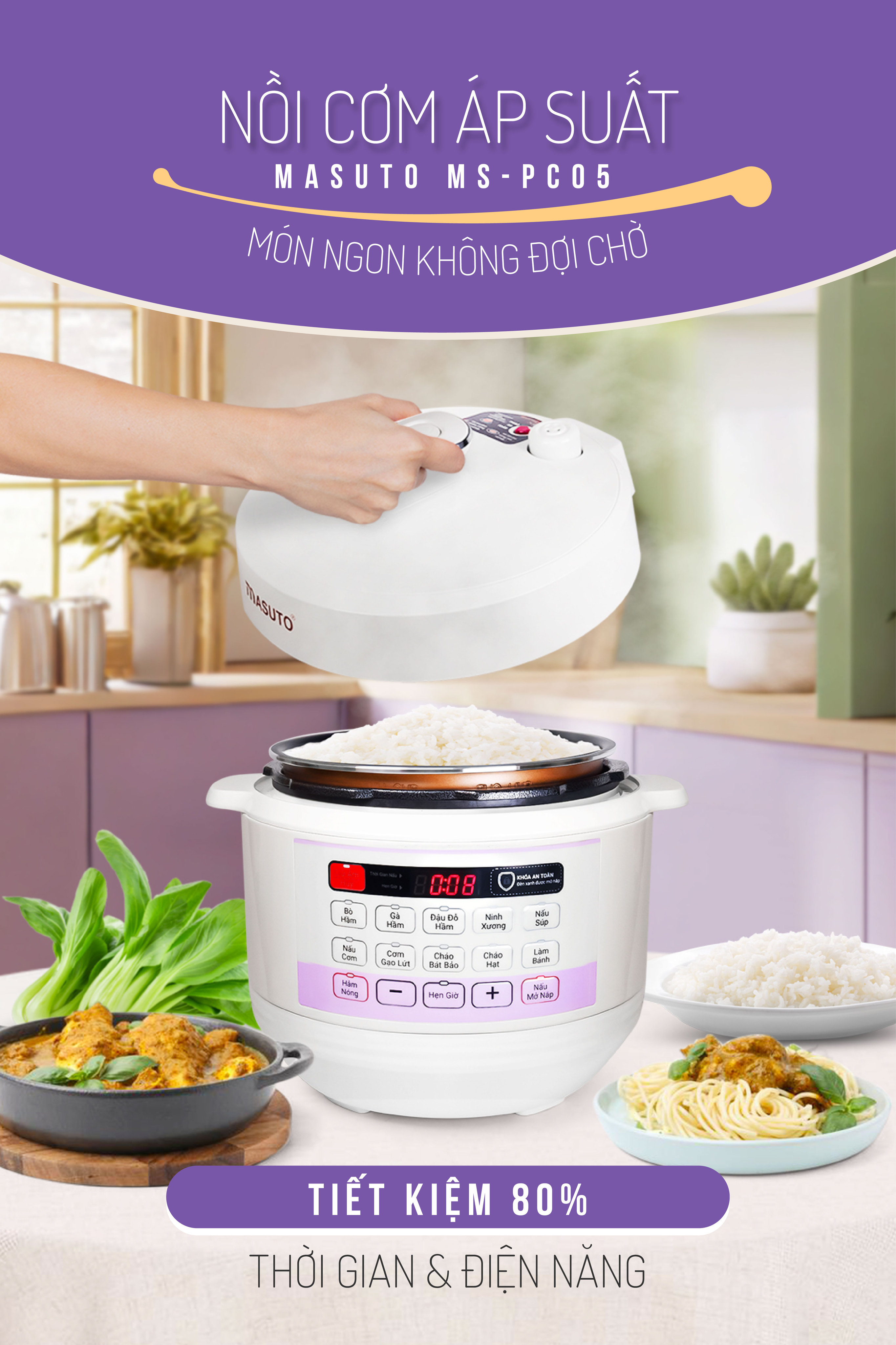 Mô tả Nồi Áp Suất Điện Đa Năng Masuto PC05 10in1  Van Xả Tự Động Kho Hầm Nhừ Nấu Cơm Nấu Lẩu Đa Năng Có Nấu Mở Nắp - 2