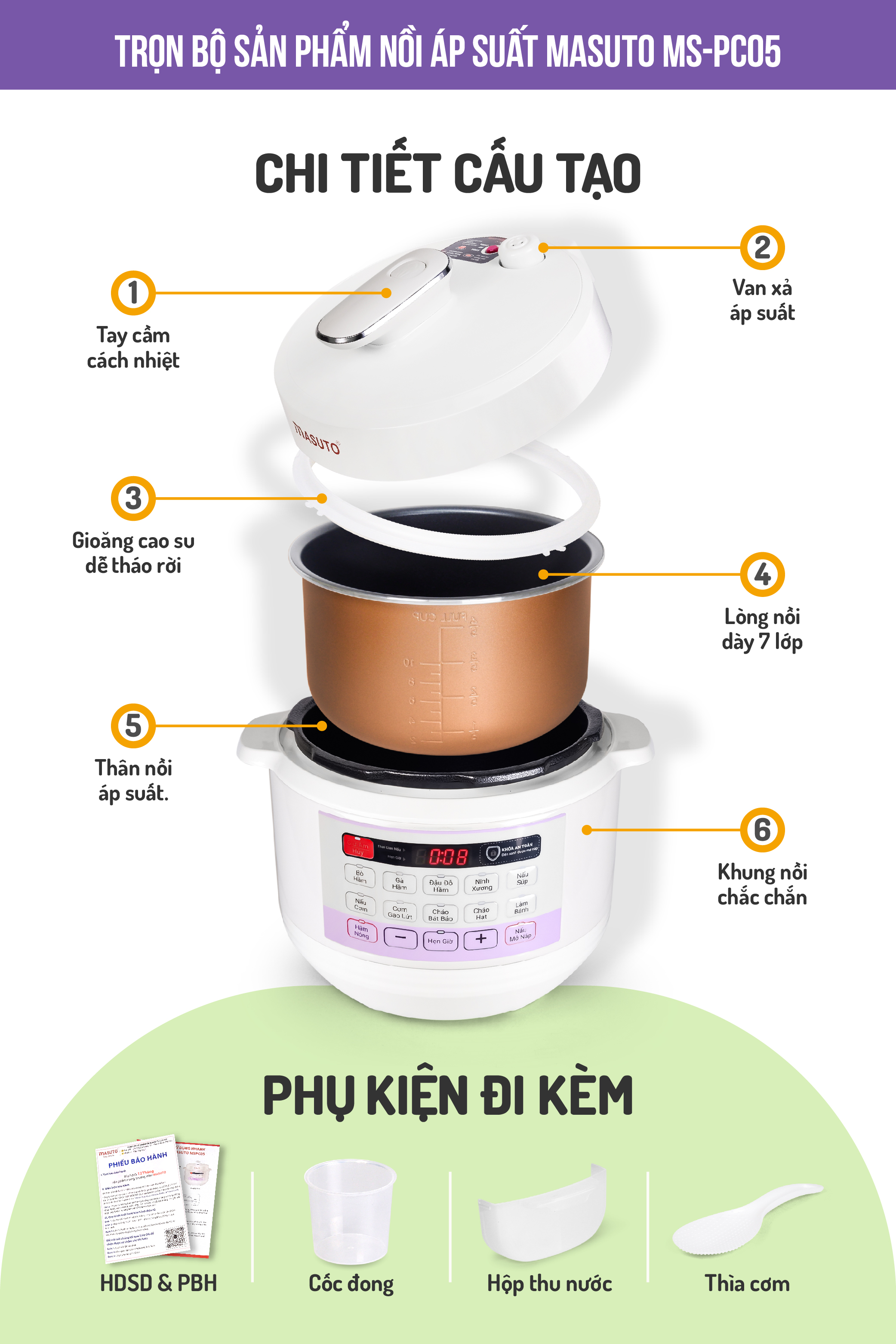 Mô tả Nồi Áp Suất Điện Đa Năng Masuto PC05 10in1  Van Xả Tự Động Kho Hầm Nhừ Nấu Cơm Nấu Lẩu Đa Năng Có Nấu Mở Nắp - 5