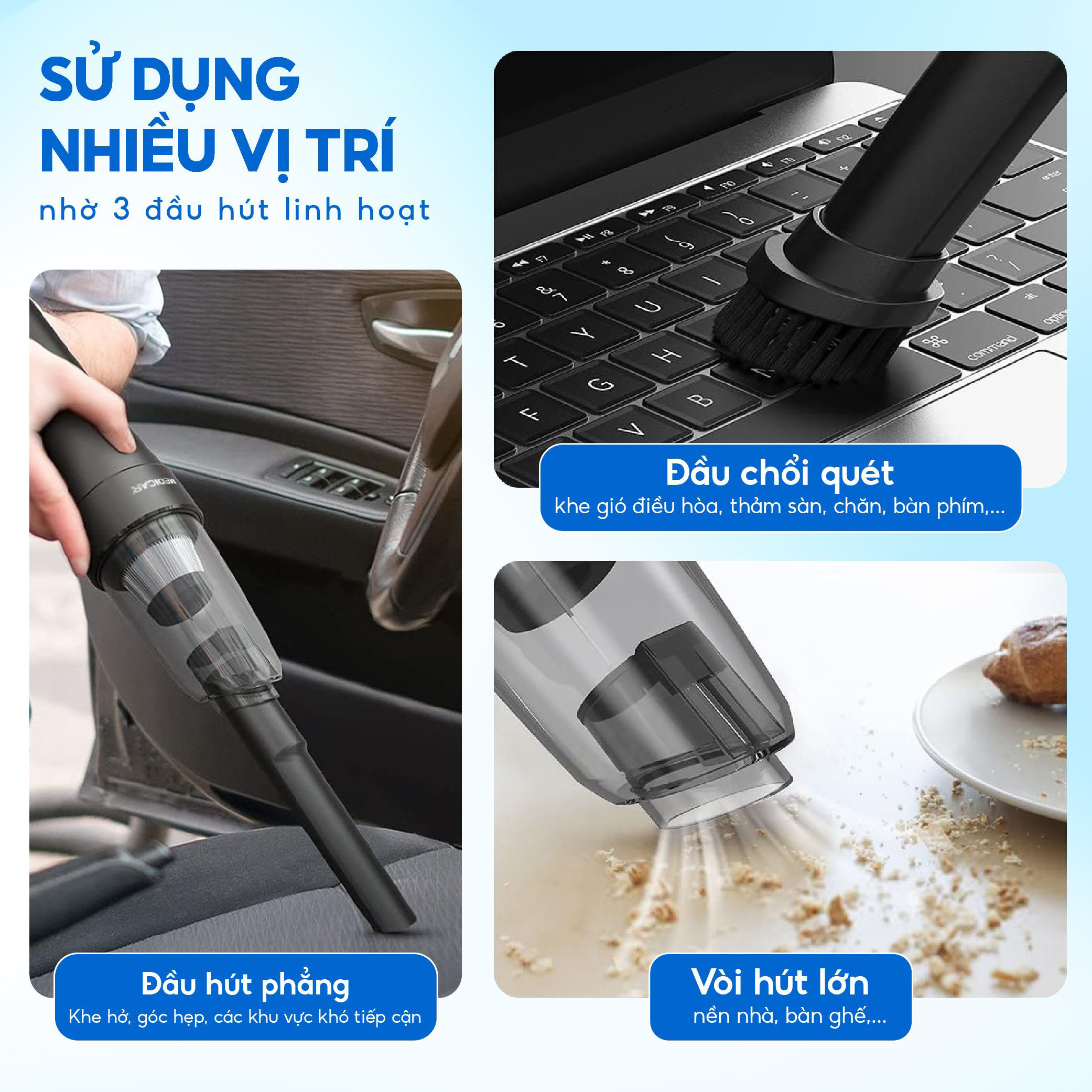 Mô tả Máy hút bụi ô tô cầm tay chuyên dụng Medicar, lực hút mạnh 6500PA, cắm vào tẩu sạc xe hơi, 3 đầu hút - 2