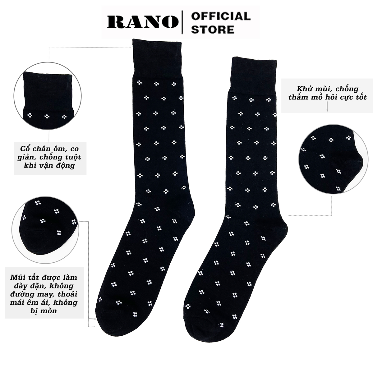 Mô tả Tất nam cổ cao đi giày tây RANO công sở cao cấp hoạ tiết dấu cộng, chất liệu cotton hút ẩm thoáng khí TAY26CONG - 1