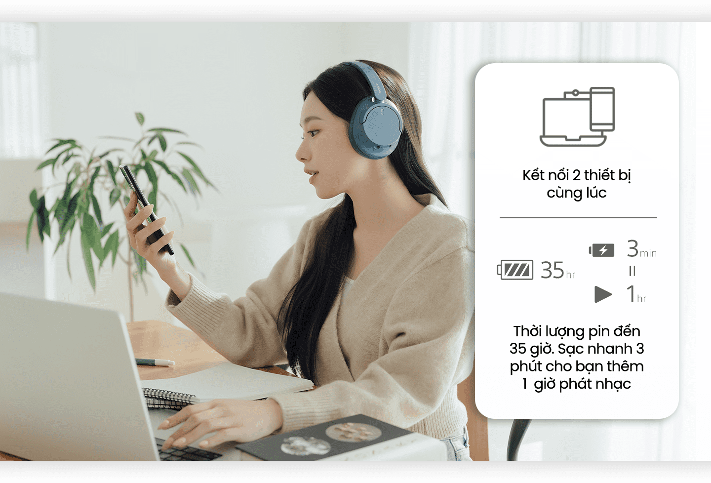 Mô tả Tai Nghe Chụp Tai Chống Ồn Chủ Động Sony WH-CH720N, Âm Bass Mạnh Mẽ, Pin 50H - Nhẹ Và Đeo Thoải Mái - 5