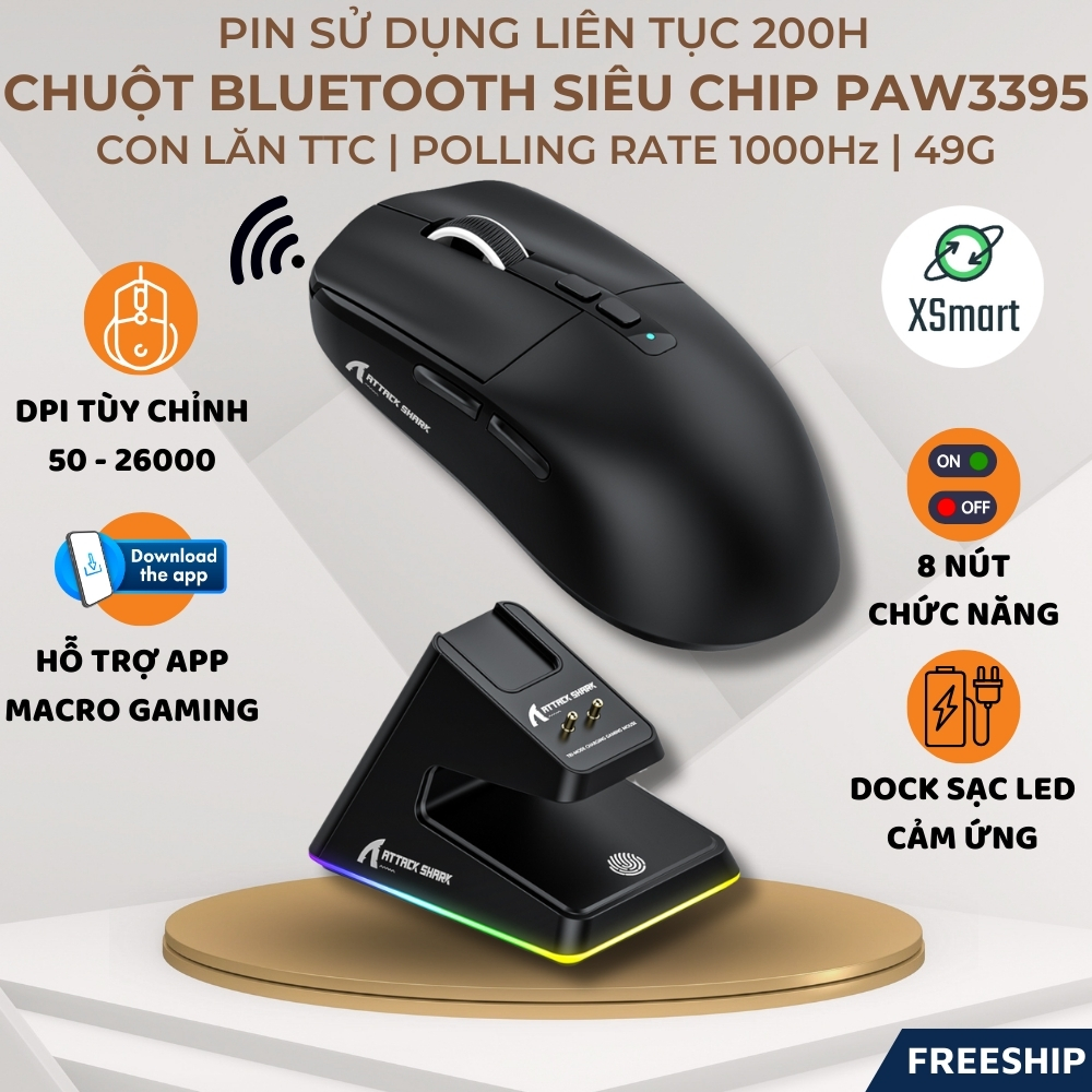 Chuột Không Dây Bluetooth Chip PAW3395 Gaming Attack Shark X6 Con Lăn TTC,  Dock Sạc LED RGB