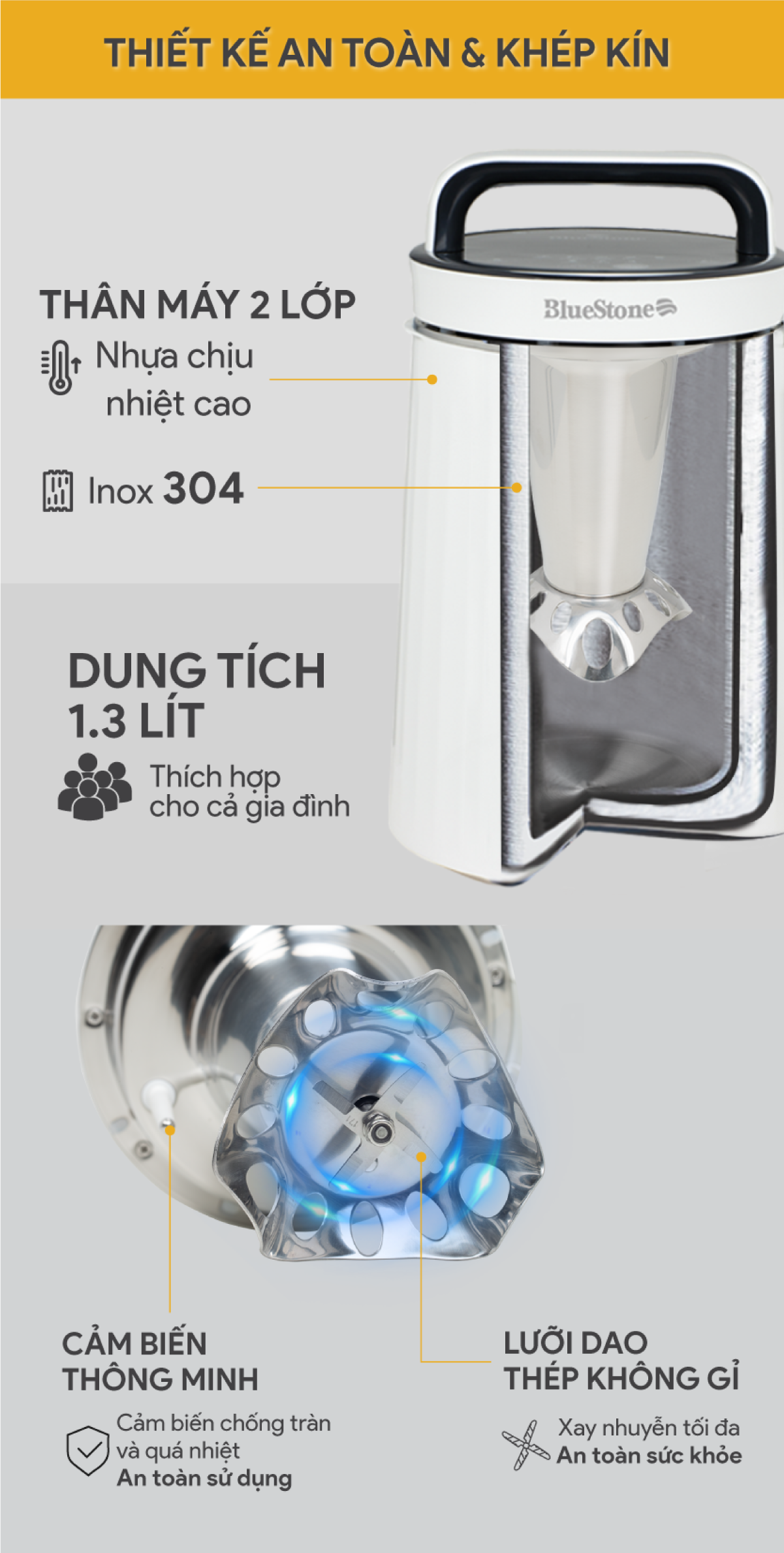 Mô tả Máy Làm Sữa Hạt Đa Năng BlueStone SMB-7329 1000W - 1.3 Lít - Chống Trào, Độ Ồn Thấp - 2