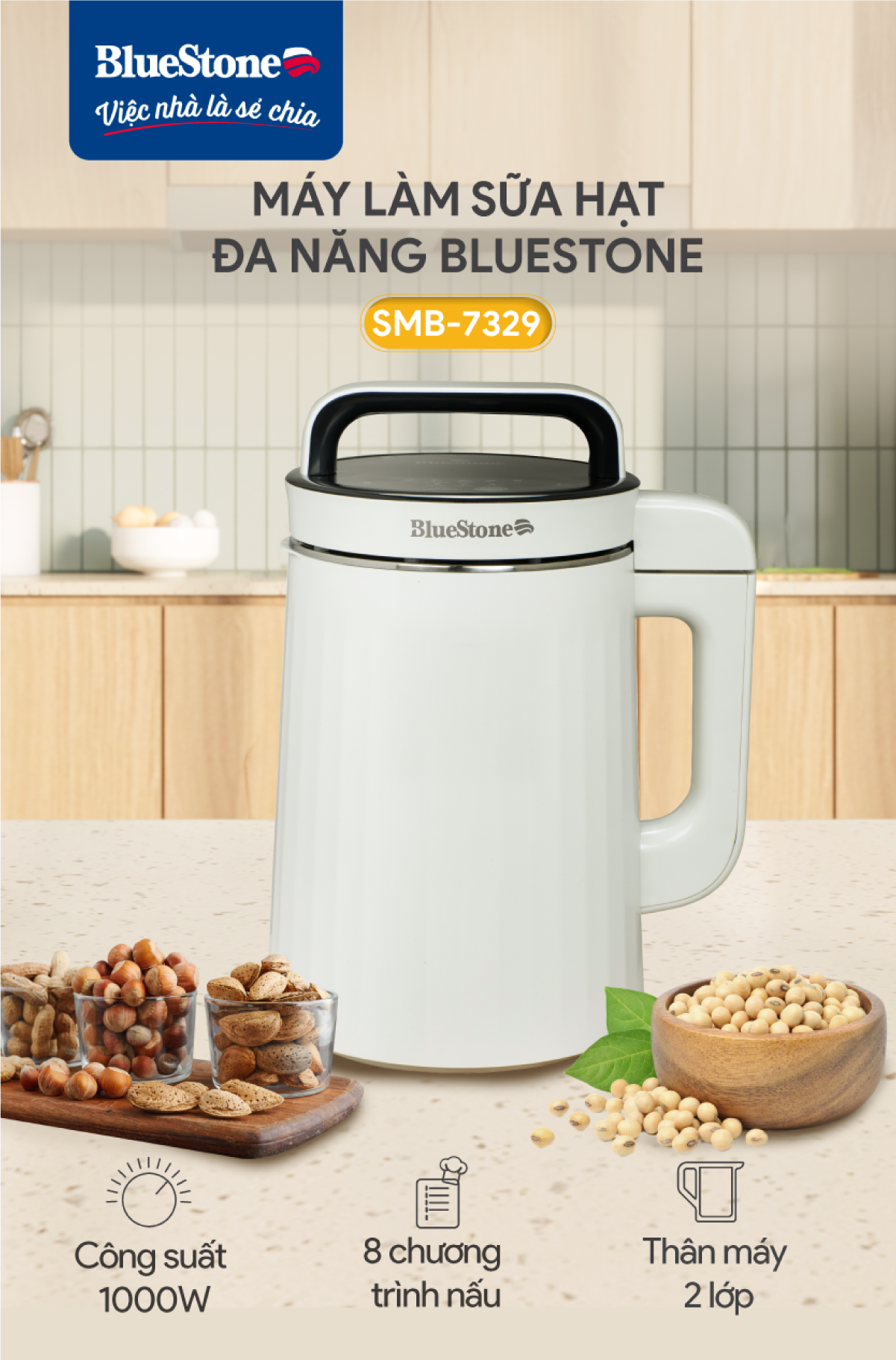 Mô tả Máy Làm Sữa Hạt Đa Năng BlueStone SMB-7329 1000W - 1.3 Lít - Chống Trào, Độ Ồn Thấp - 1