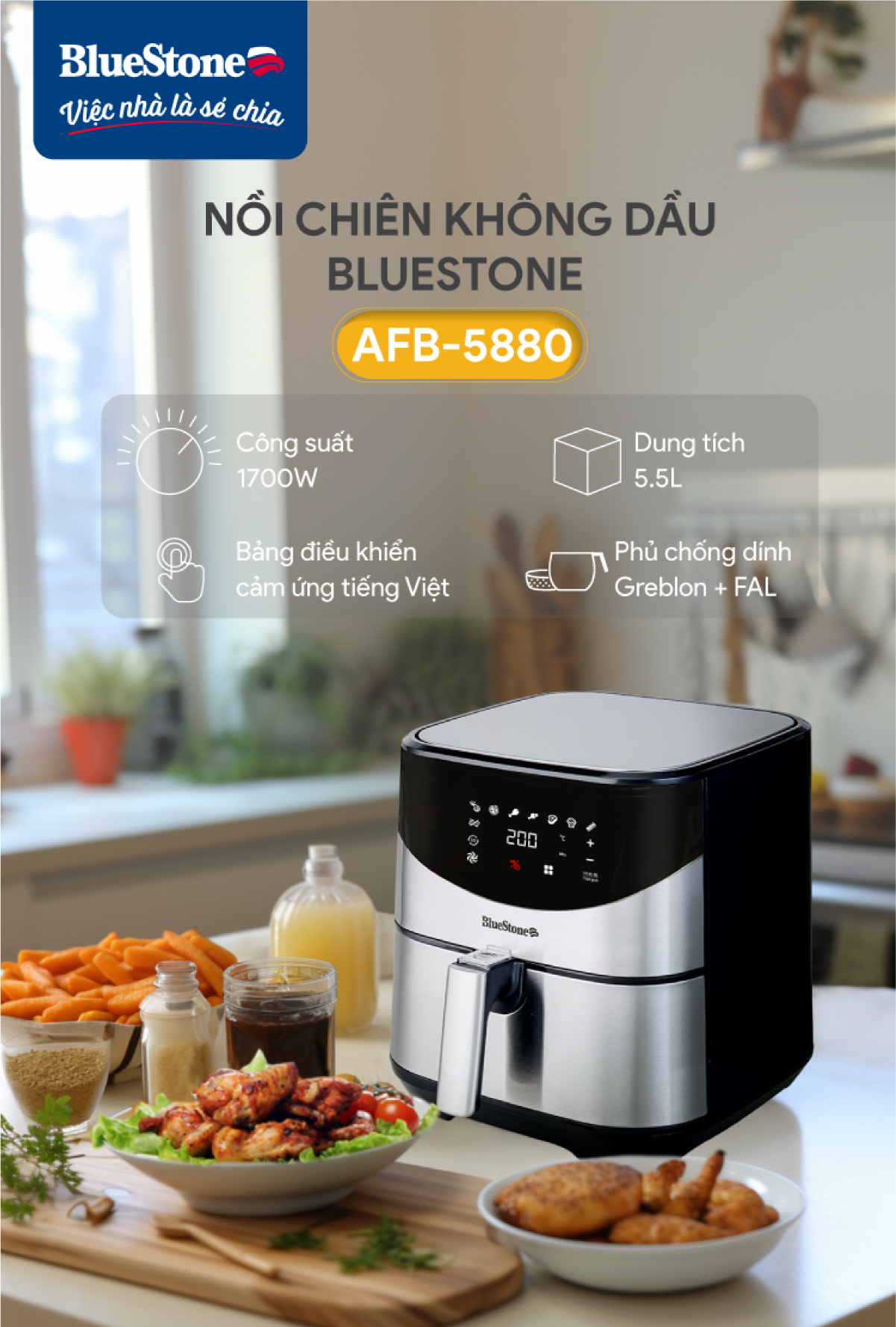 Mô tả Nồi Chiên Không Dầu Điện Tử BlueStone AFB-5880 - 5.5 Lít -1700W - 1