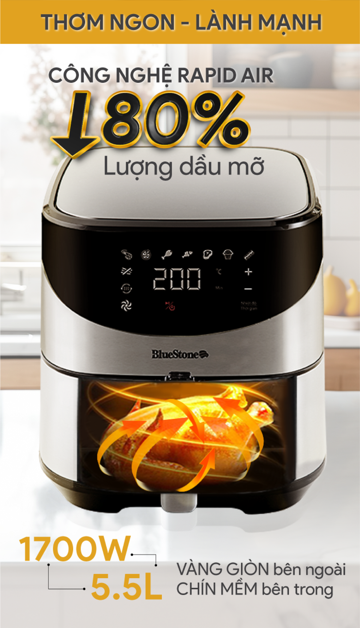 Mô tả Nồi Chiên Không Dầu Điện Tử BlueStone AFB-5880 - 5.5 Lít -1700W - 2