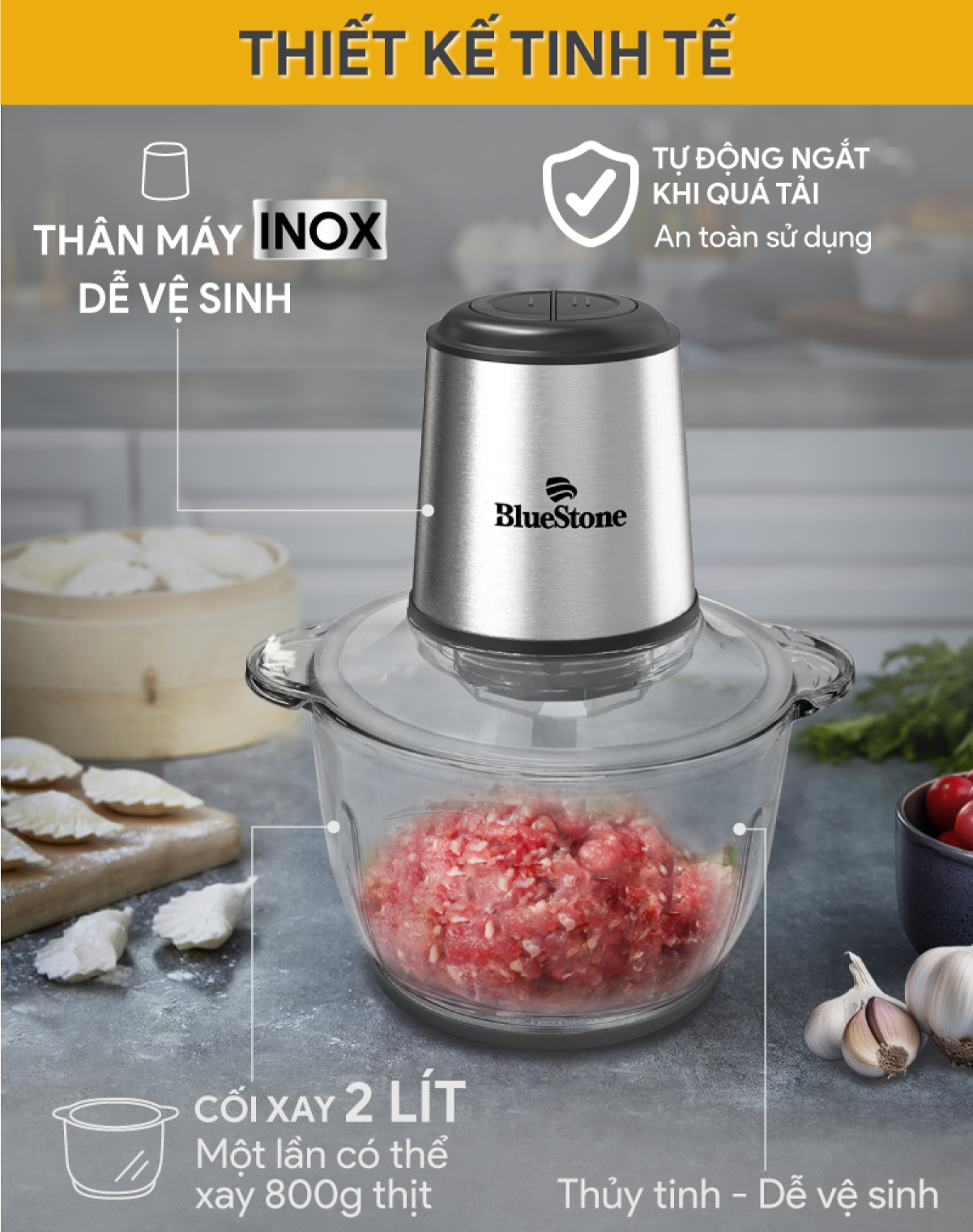 Mô tả Máy Xay Thịt 2 Lưỡi Dao Kép BlueStone CHB-5145 - 2 Lít - 350W - Cối thủy tinh - 4