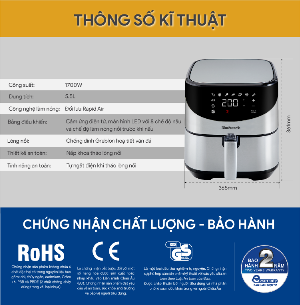 Mô tả Nồi Chiên Không Dầu Điện Tử BlueStone AFB-5880 - 5.5 Lít -1700W - 7
