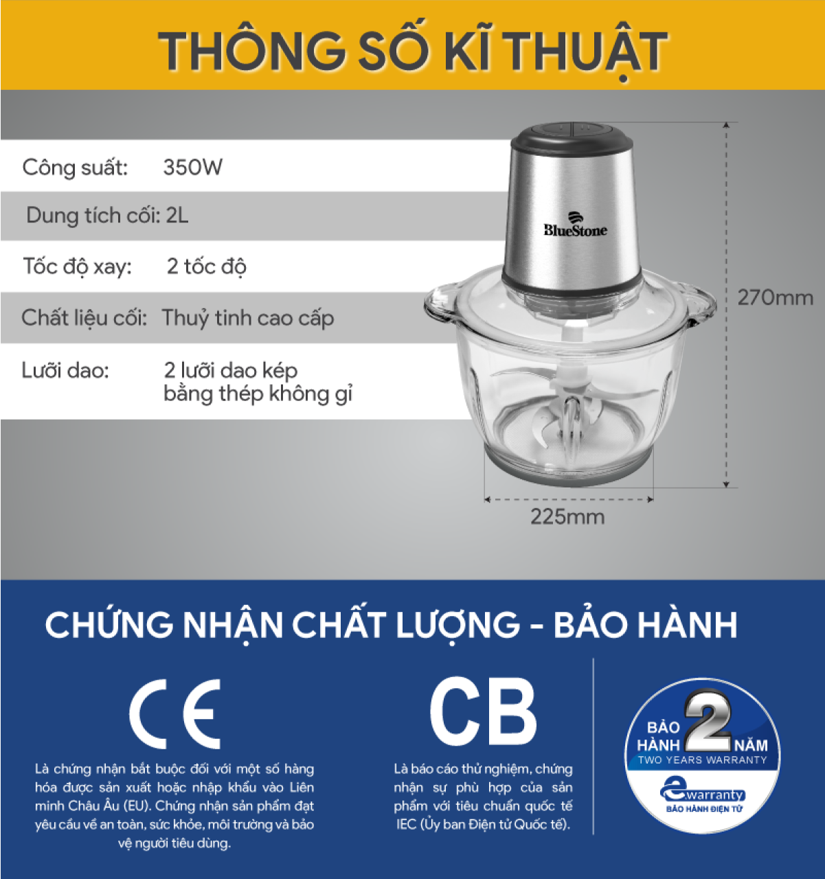 Mô tả Máy Xay Thịt 2 Lưỡi Dao Kép BlueStone CHB-5145 - 2 Lít - 350W - Cối thủy tinh - 6