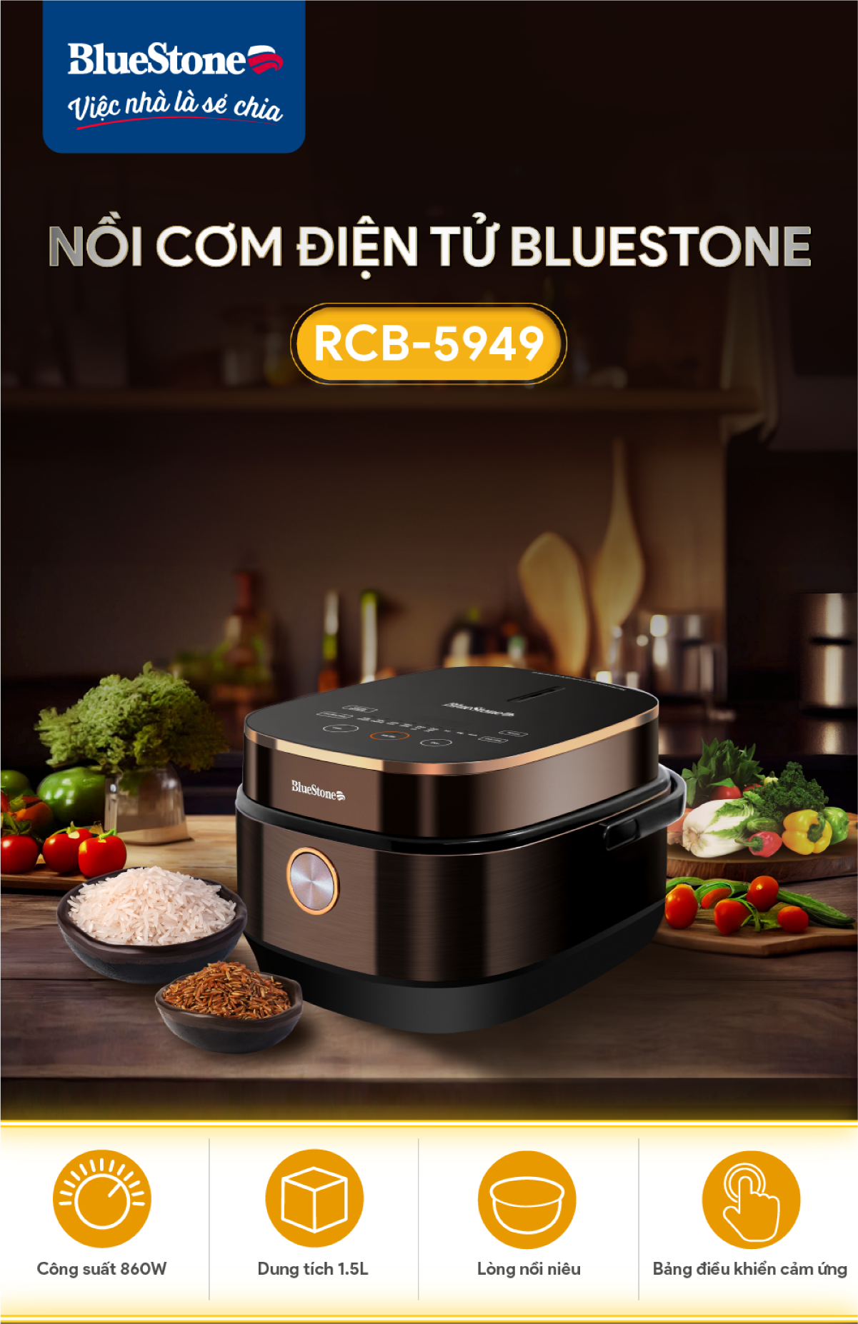 Mô tả Nồi Cơm Điện Tử Lòng Niêu BlueStone RCB-5949 - 1,5 Lít - 860W - 1