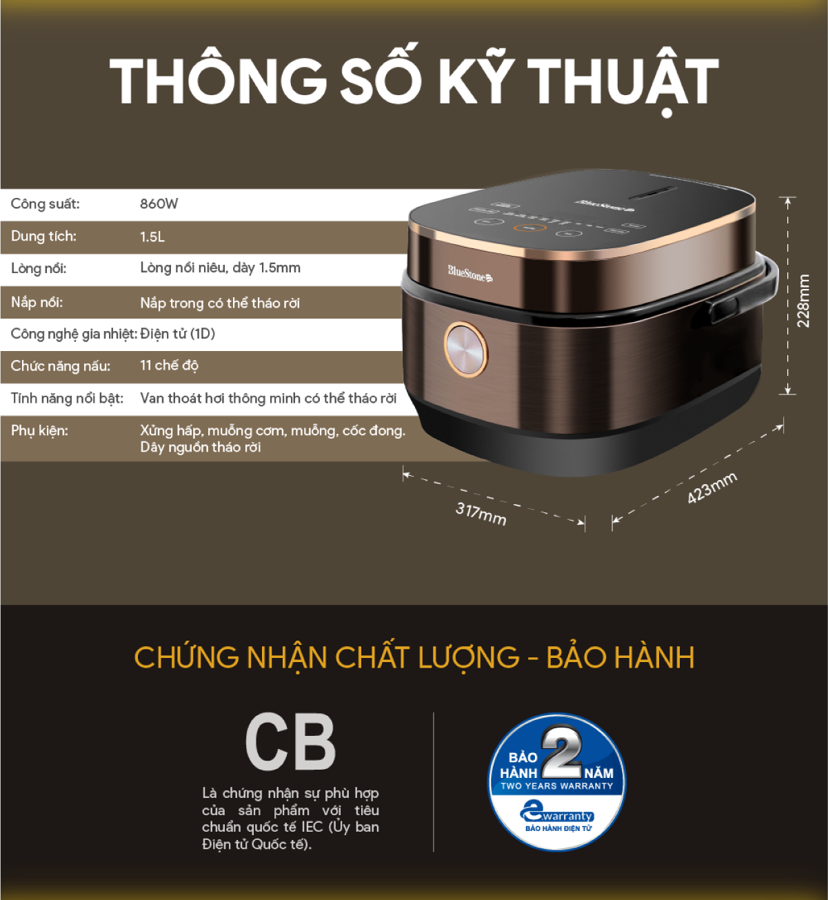 Mô tả Nồi Cơm Điện Tử Lòng Niêu BlueStone RCB-5949 - 1,5 Lít - 860W - 5