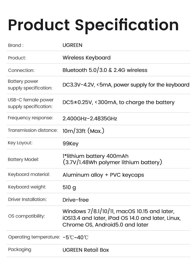 Bàn phím pin sạc không dây UGREEN KU005