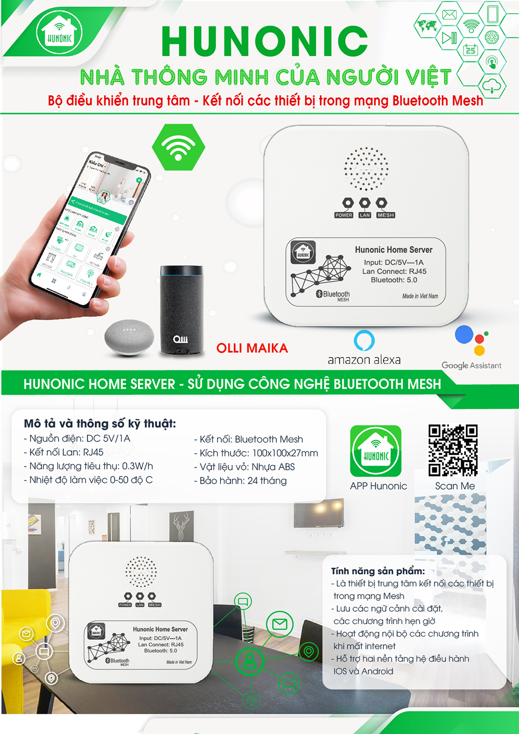 Mô tả Bộ Điều Khiển Trung Tâm Hunonic Home Server Plus, Bộ Điều Khiển Công Tắc Bluetooth Mesh - HNHSV - 1