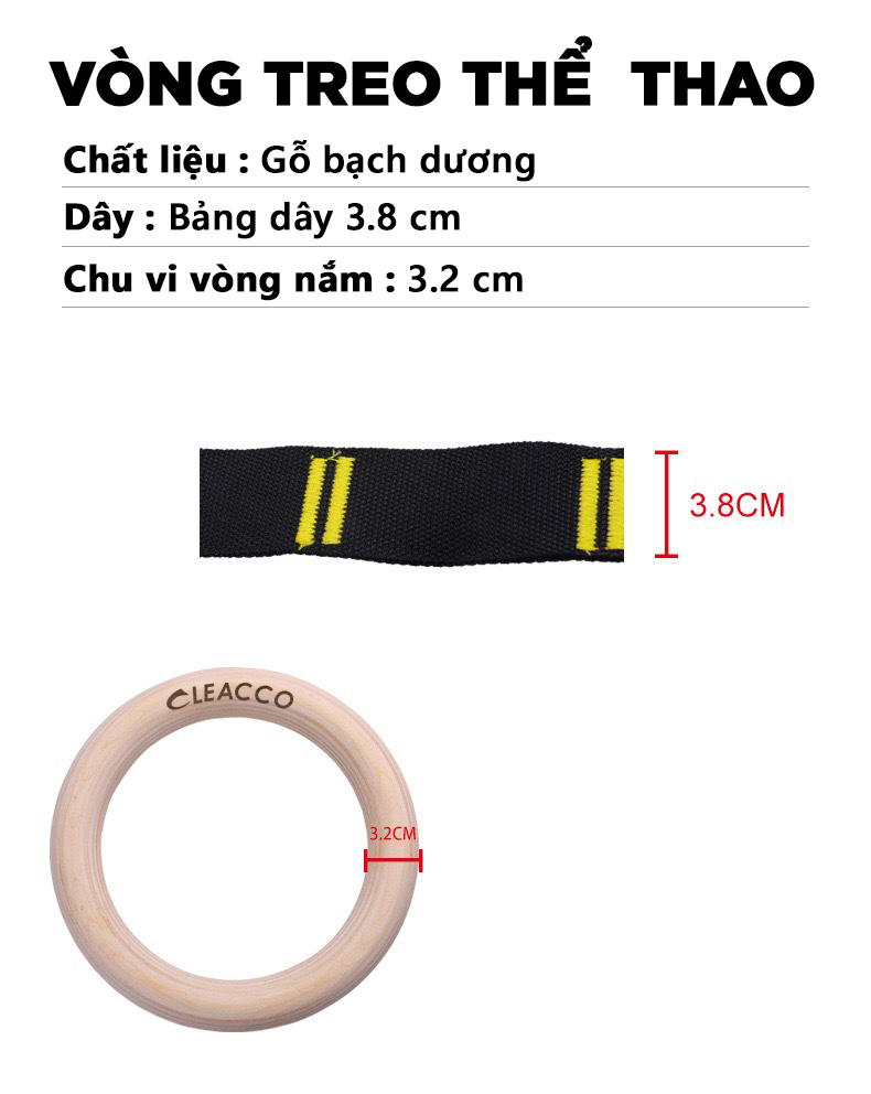 Mô tả Vòng Treo Xà Bảo Hành 12 Tháng Vòng Tập Gymnastic Rings Dây Có Vạch Đo Khóa Cài Chắc Chắn Cleacco VTX2 Boro Sport - 1